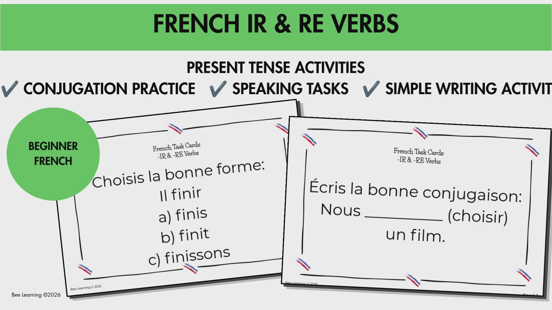 French IR & RE Verbs Present Tense Activities | Task Cards & Conjugation