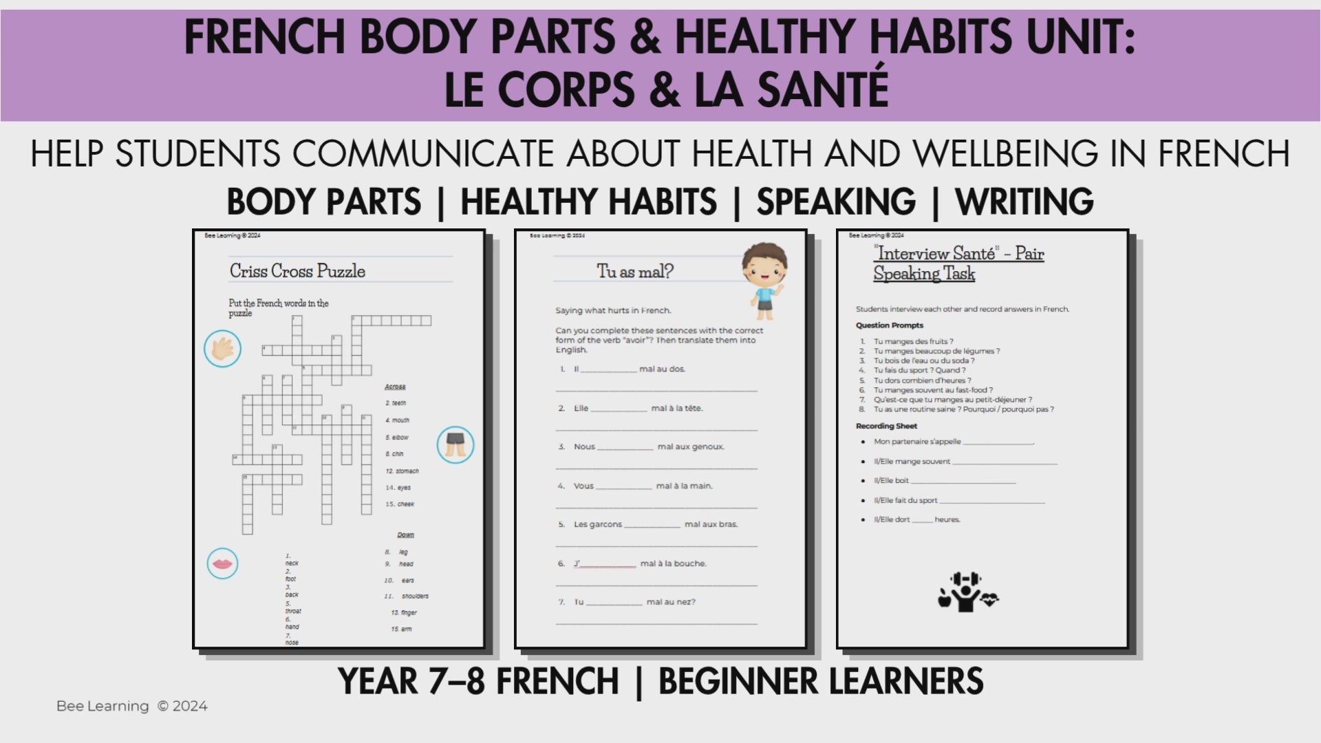 French Body Parts & Healthy Habits Activities | Beginner French Unit | Year 7–8