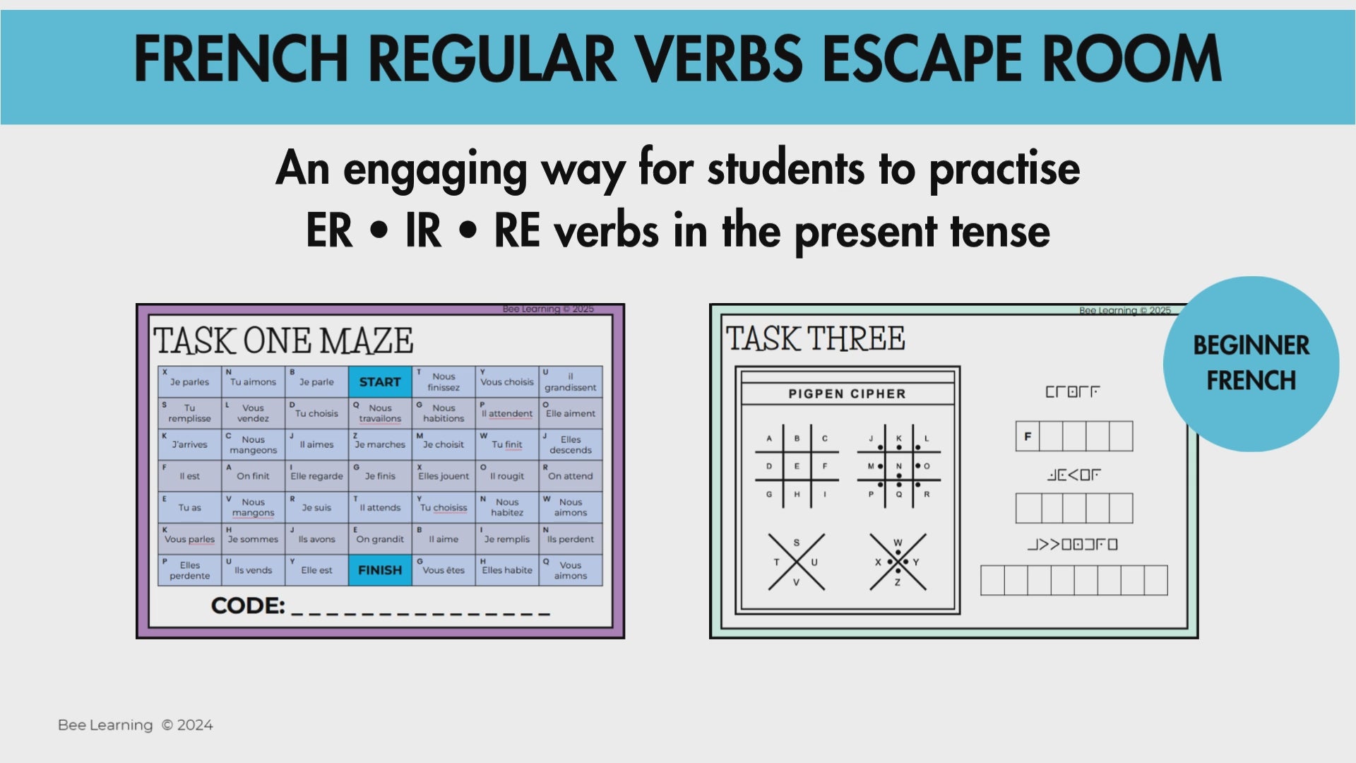 French Escape Room Present Tense | Regular Verbs -ER -IR -RE | Year 7–8 | Print & Digital