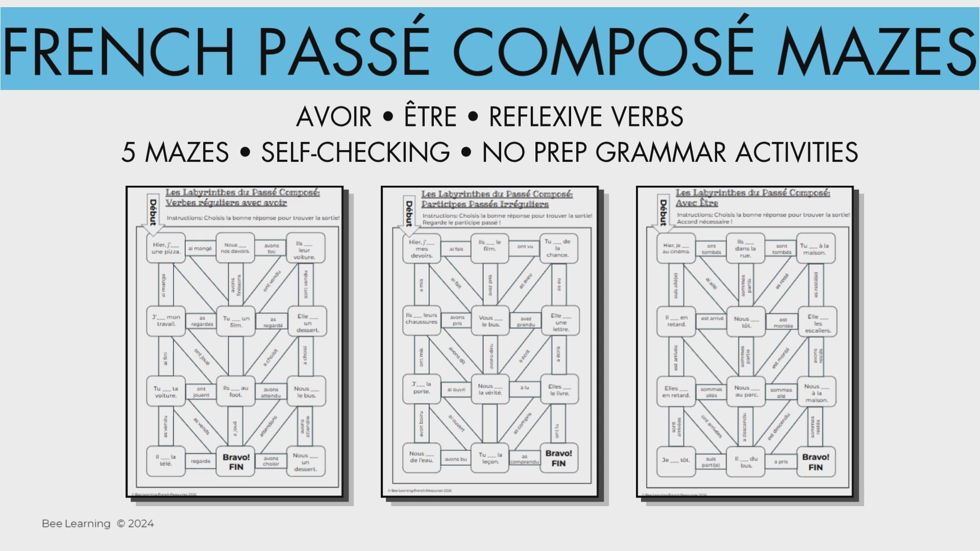 French Passé Composé Mazes | Avoir, Être & Reflexive Verbs