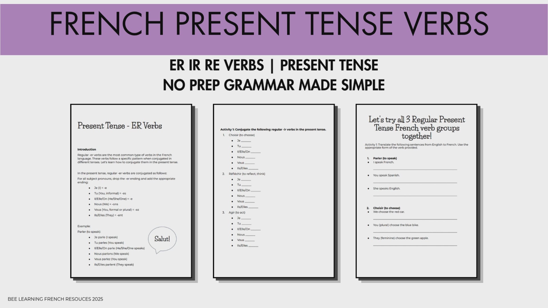 French Present Tense Verbs ER IR RE Worksheets – No Prep Grammar Pack | Year 7–8