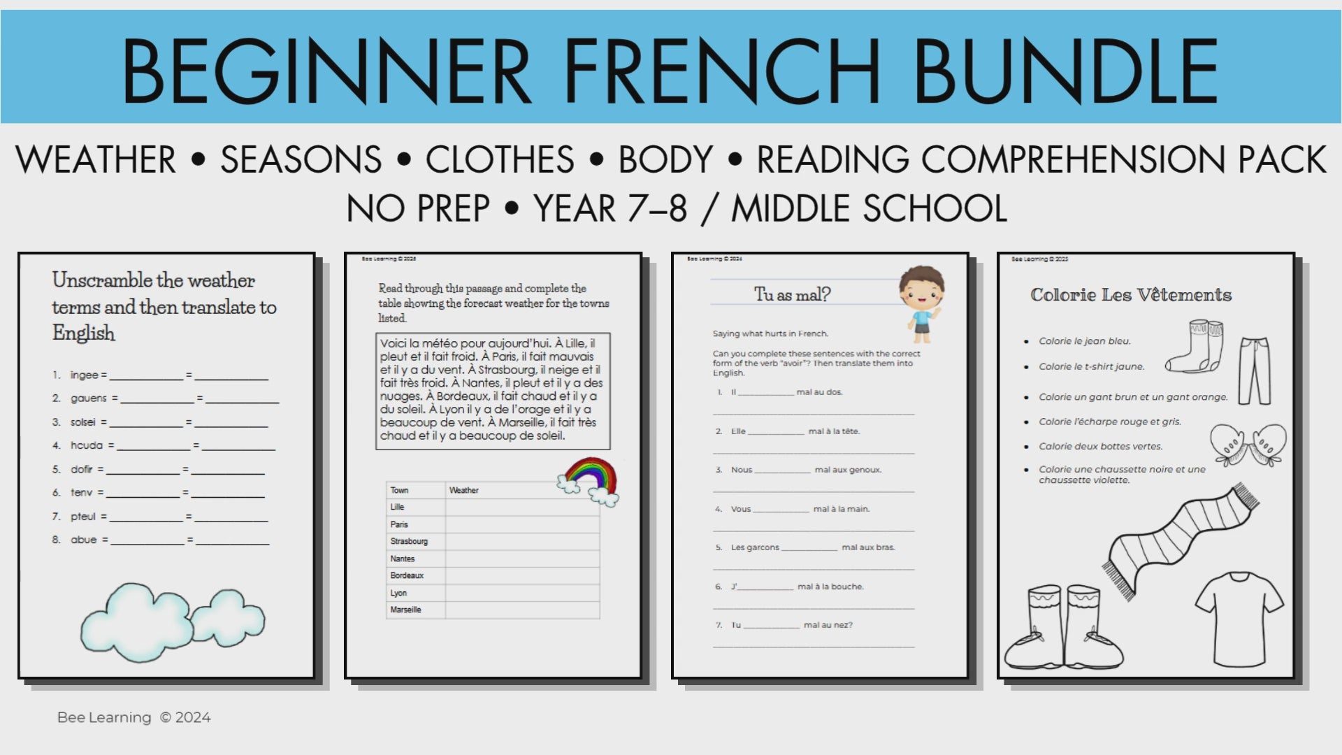 Beginner French Topics Bundle | Weather, Seasons & Reading