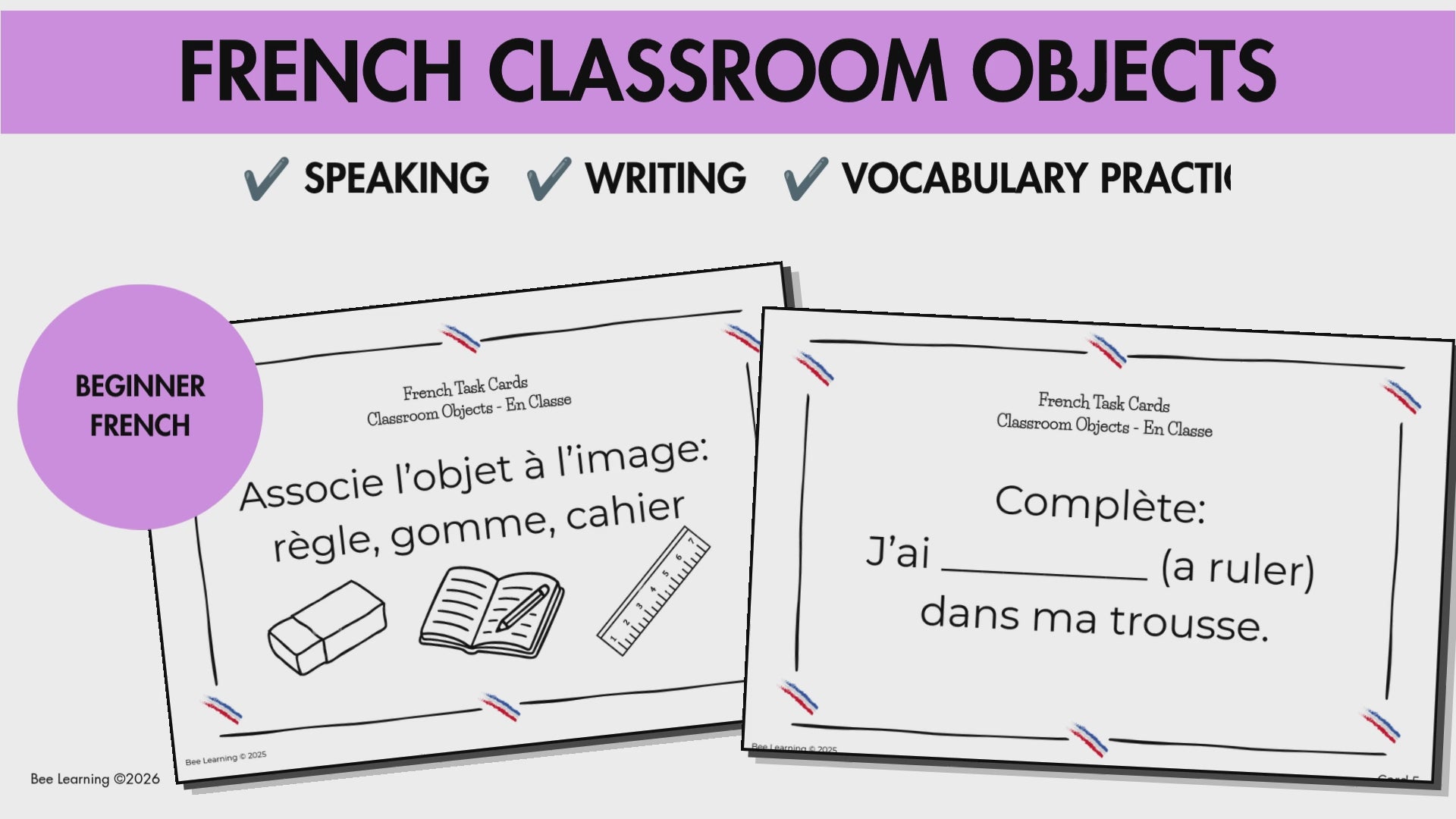 French Classroom Objects Vocabulary Activities | Task Cards & Practice | Year 7–8