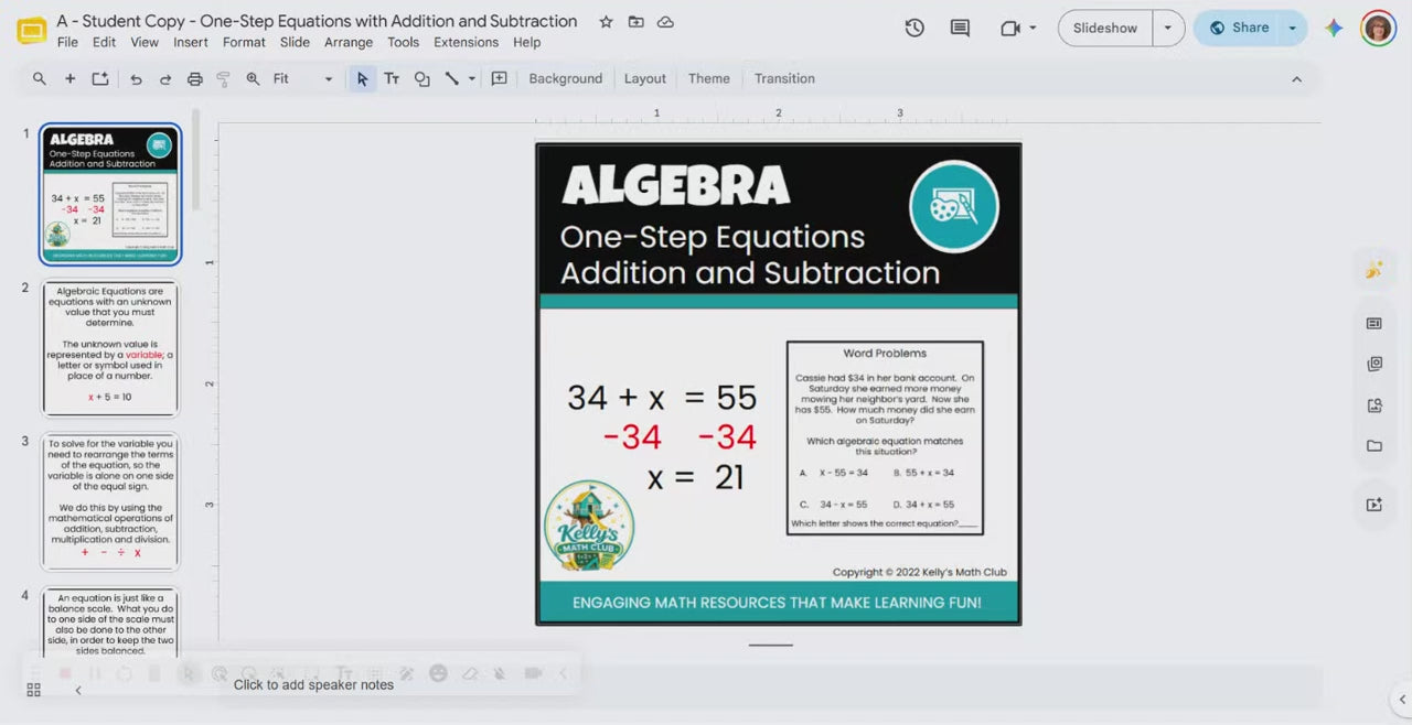 One-Step Algebraic Equations - Addition & Subtraction - Google Slides/Power Point
