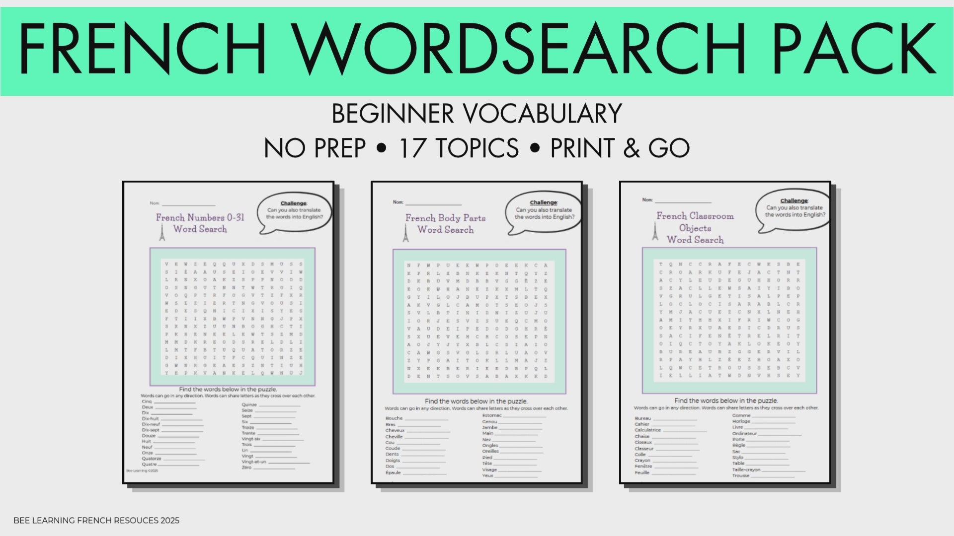 French Word Searches | Beginner Vocabulary Worksheets | No Prep | 17 Topics | Year 7–8