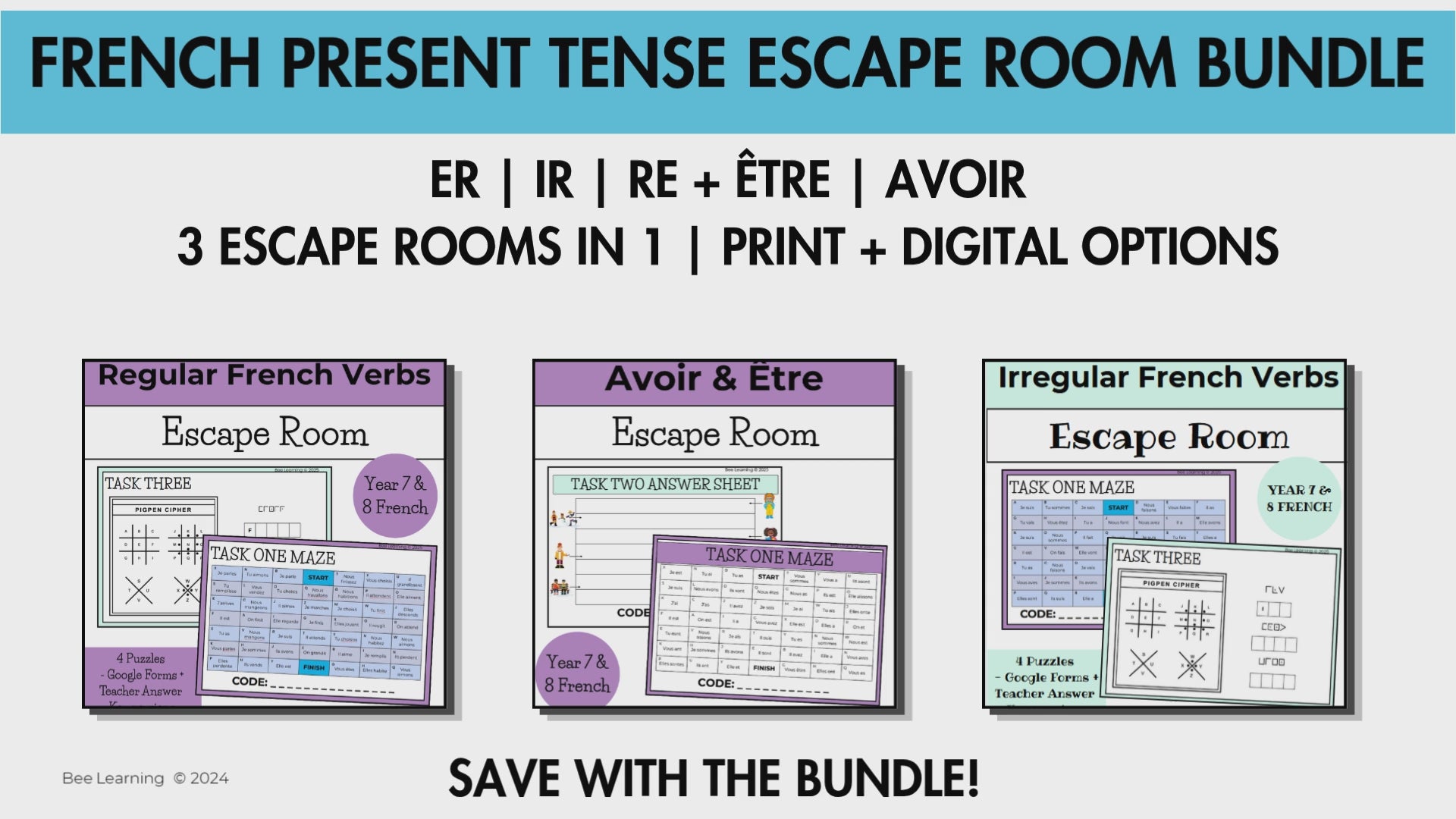 French Present Tense Escape Room Bundle | ER, IR, RE, Être & Avoir, Aller, Faire