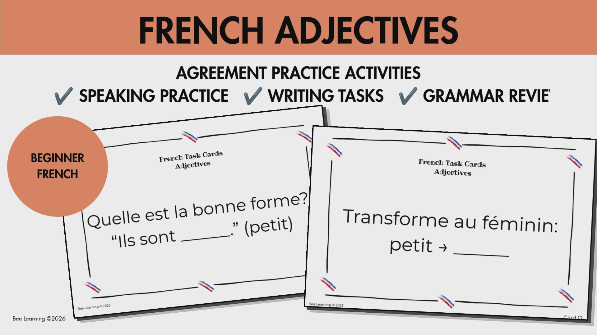 French Adjectives Activities | Agreement Practice Task Cards | Year 7–8