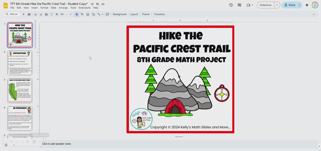 8th Grade Math Review Project PBL- Hike The Pacific Crest Trail - Google Slides and Power Point