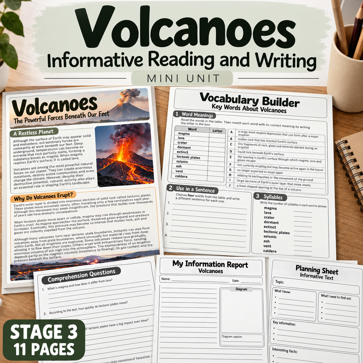 Volcanoes Reading Comprehension & Informative Writing Mini Unit | Years 5–6