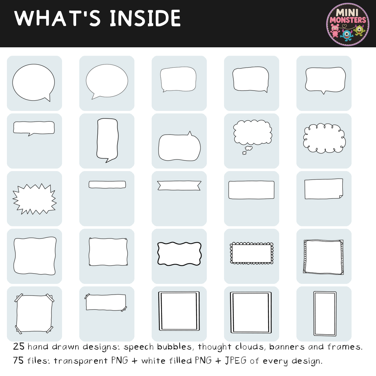 Speech Bubbles Clipart Set 1 | 25 Designs 75 Files | Thought Clouds Banners and Frames | PNG and JPEG | Hand Drawn | Commercial Use