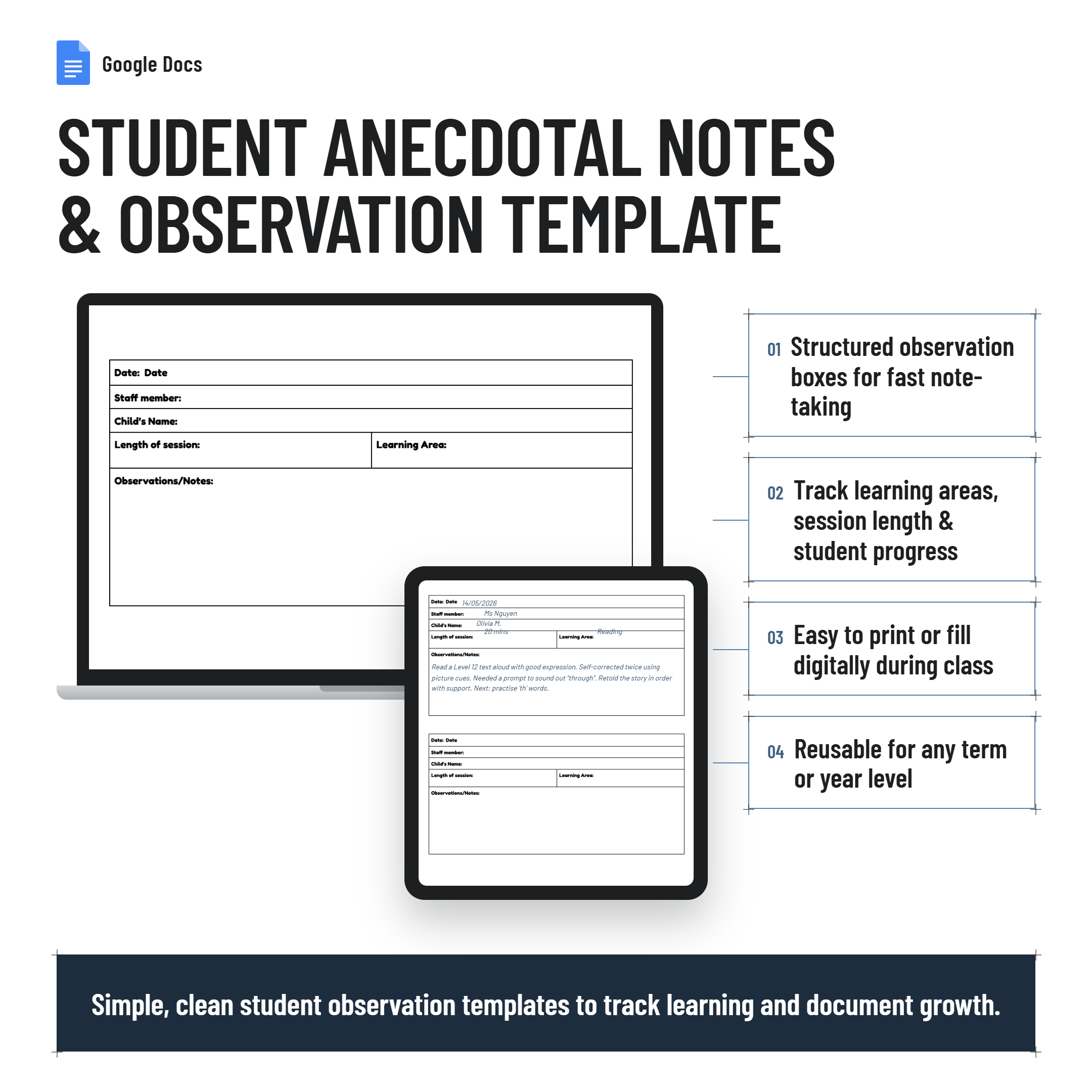 Student Anecdotal Notes & Observation Template | Assessment|Google Docs