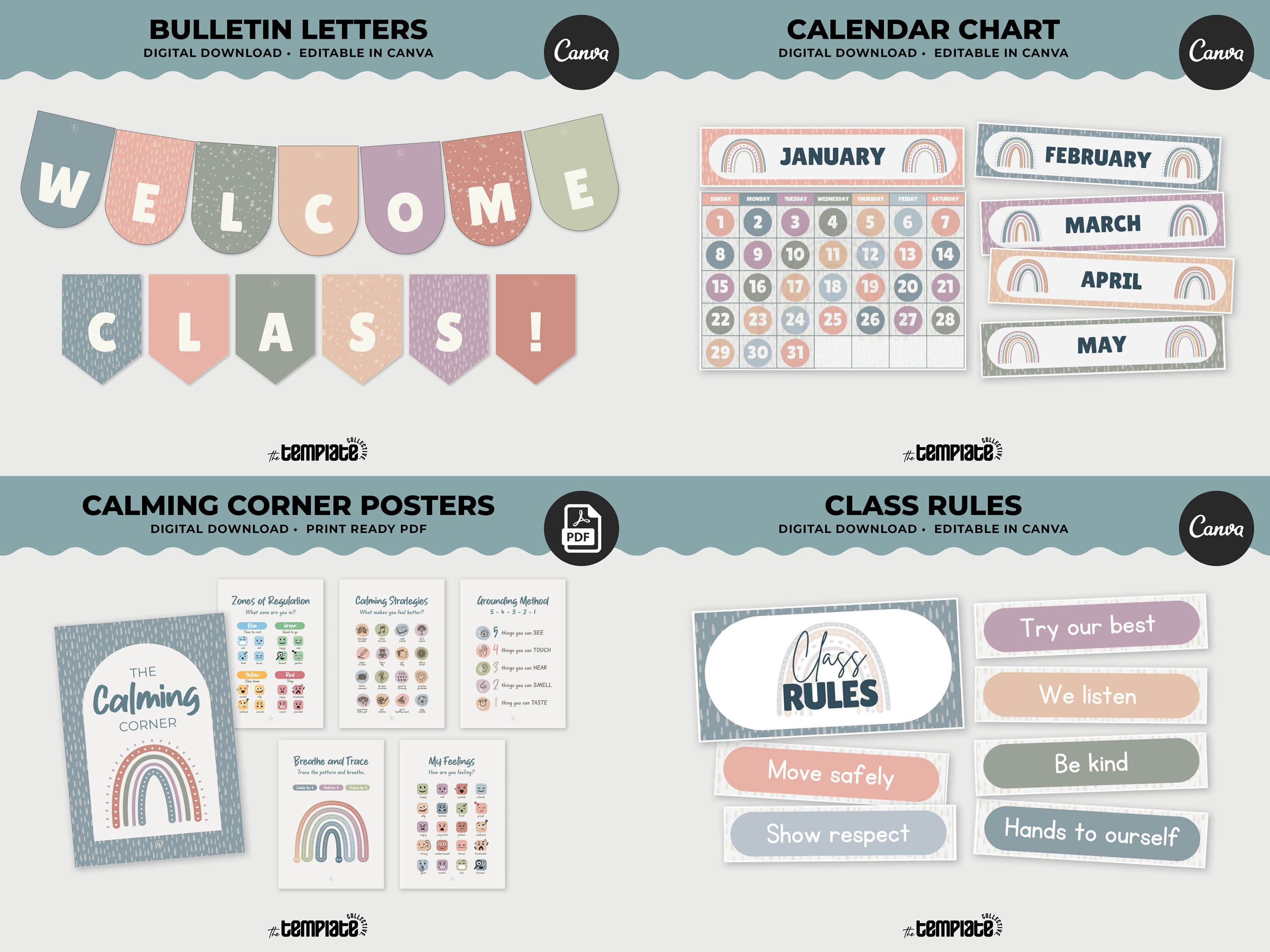 Hushed Horizons Classroom Decor Bundle • Pastel Boho Rainbow Theme • Bulletin Board Decor • Teacher Resources • Editable & Printable