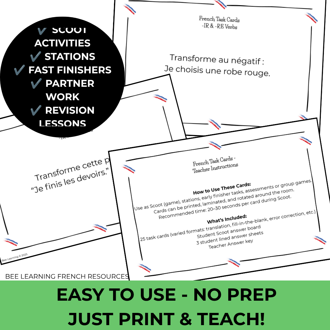 French IR & RE Verbs Present Tense Activities | Task Cards & Conjugation