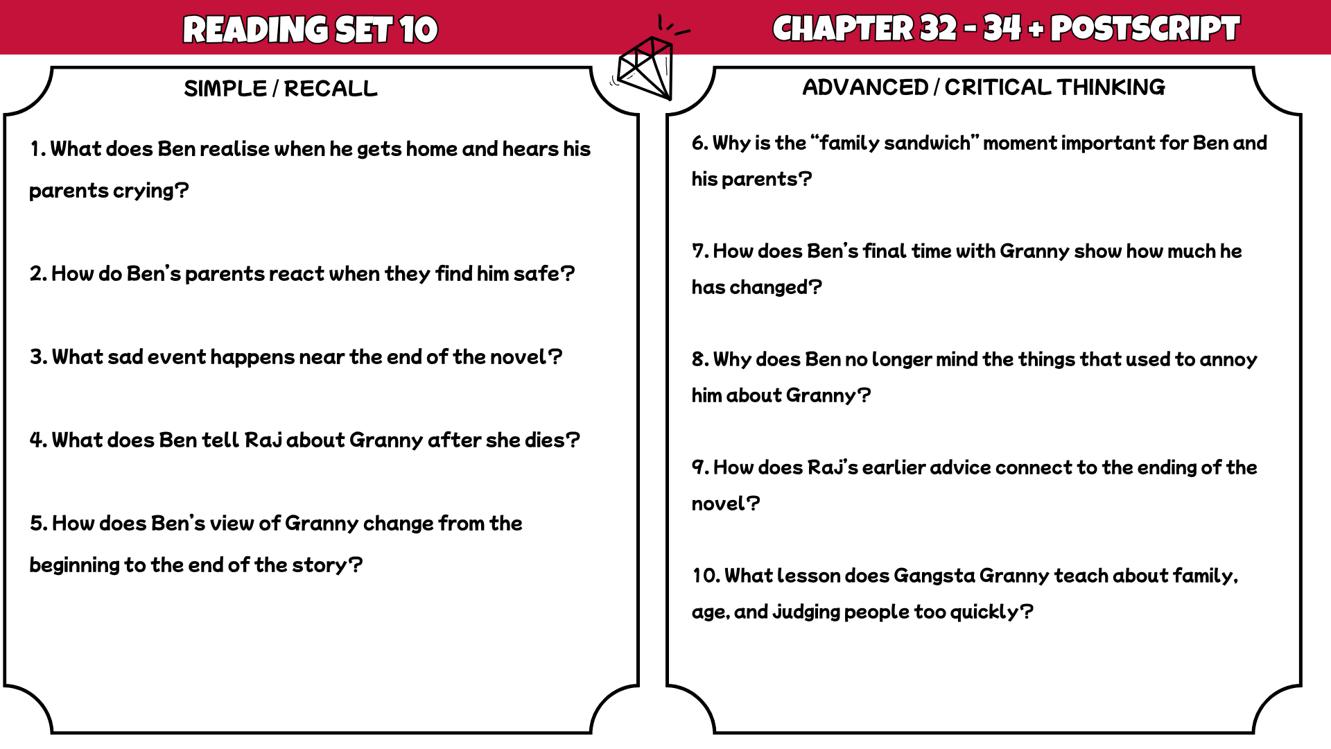 Gangsta Granny Novel Study Reading Comprehension Questions Worksheets PDF | 100 Questions + Answer Key | Years 3–6