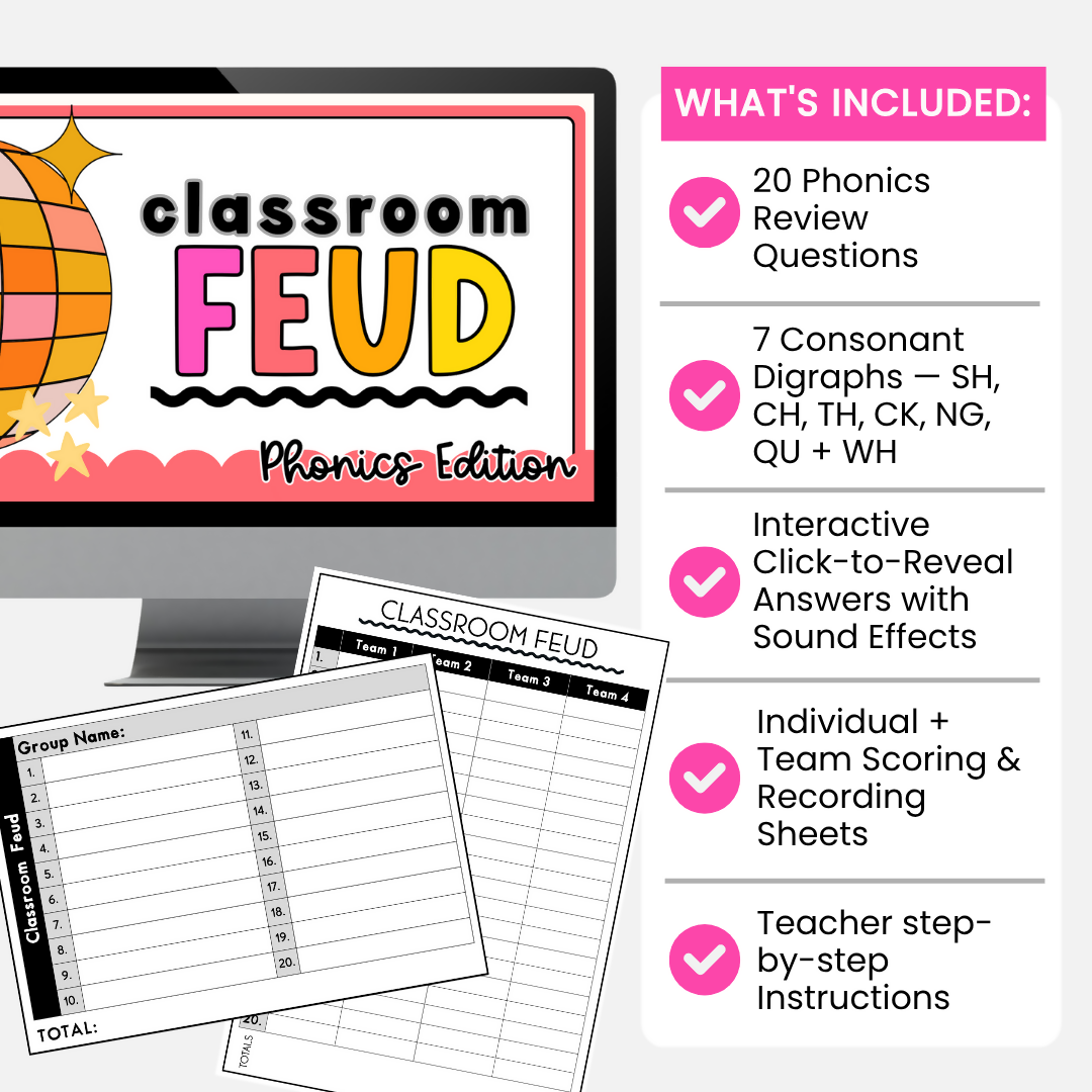 Year 2 and 3 Phonics Spelling Game I Classroom Feud | Family Feud Phonics Game | Consonant Digraph Spelling Review
