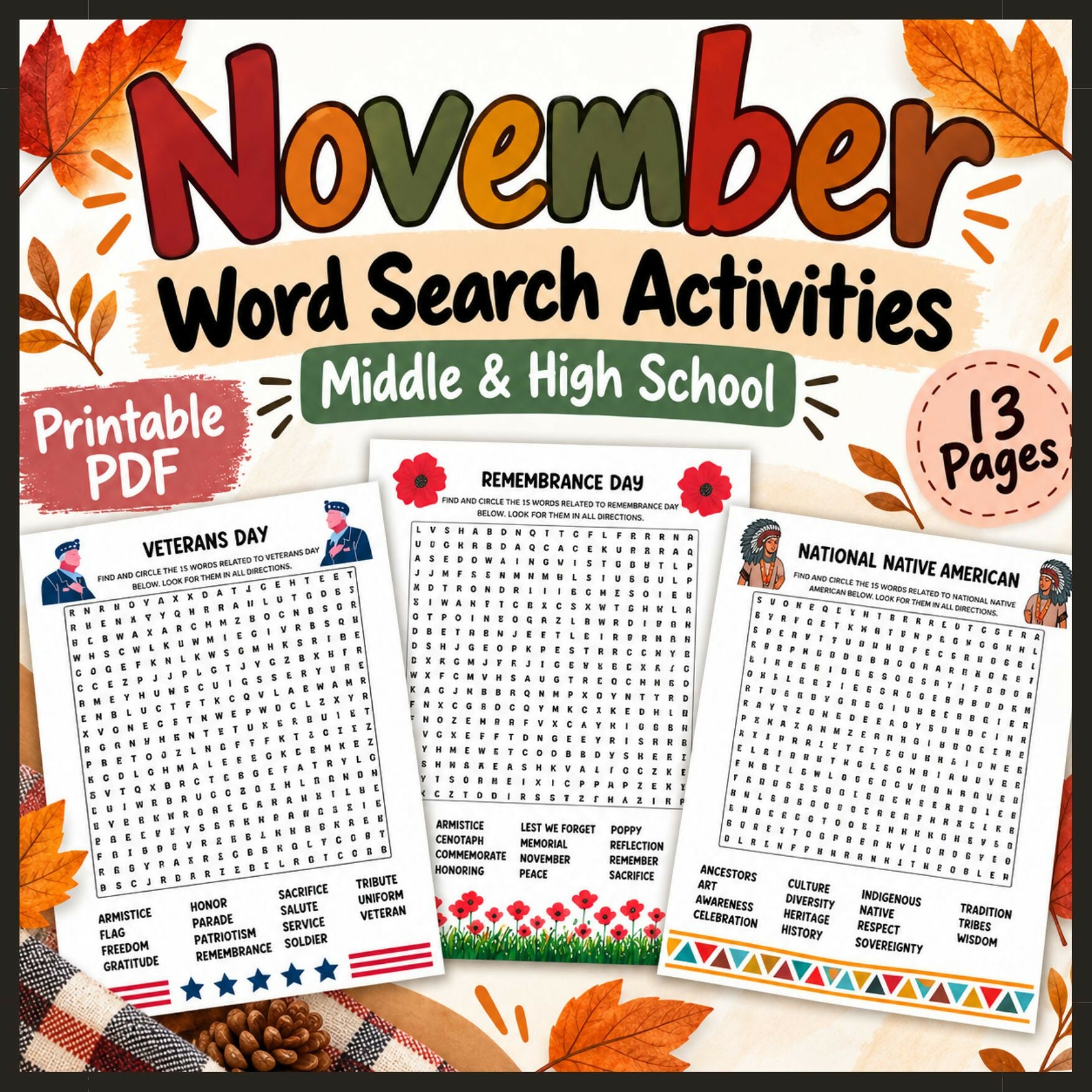 November Word Search Activities | 10 Themed Puzzles | Middle & High School