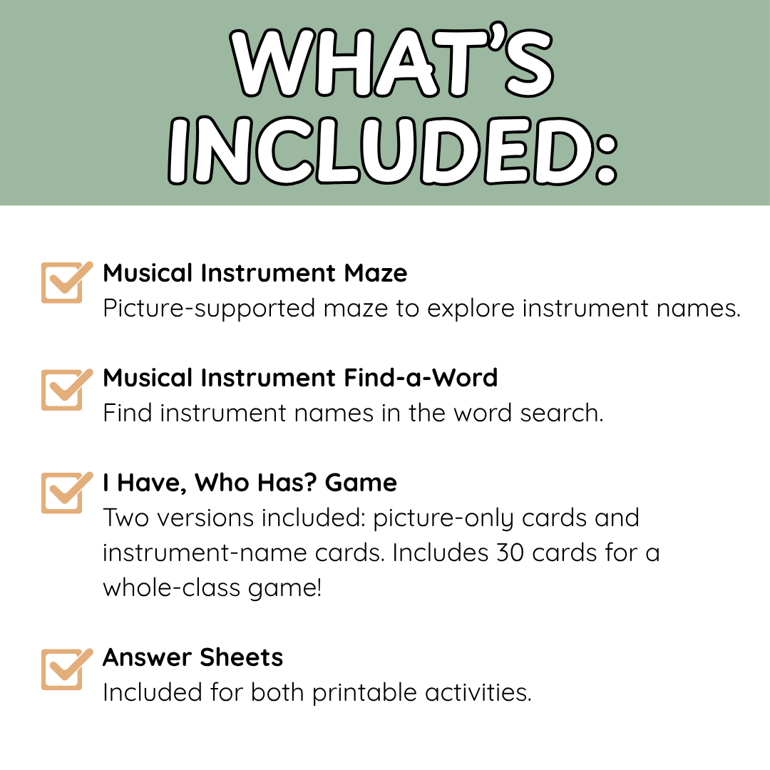 Musical Instruments Activity Bundle | I Have, Who Has? Game, Maze & Word Search