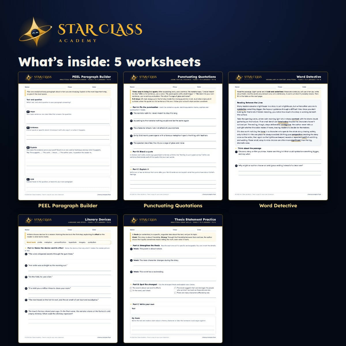 FREE Literary Analysis Worksheets | PEEL Paragraphs & Evidence | Grades 7-9