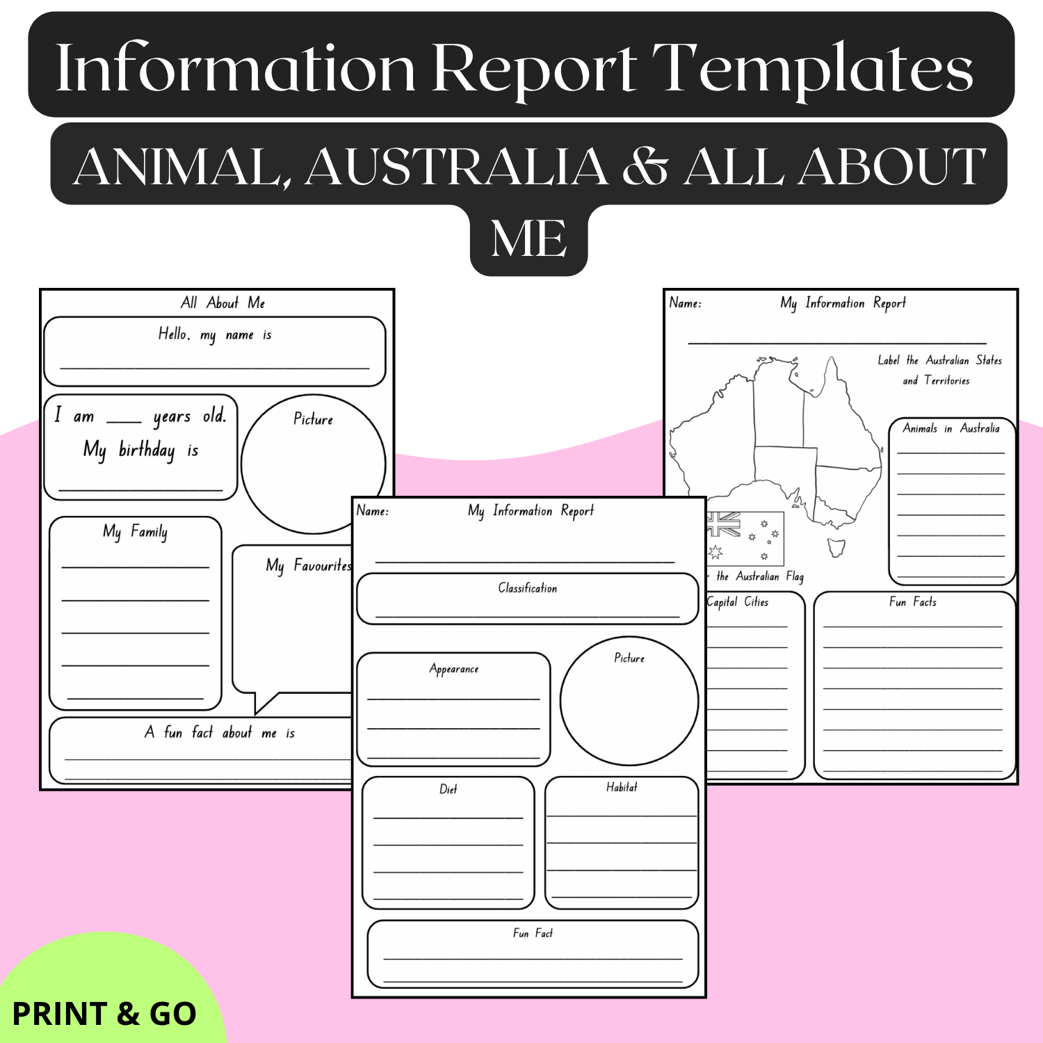Information Report Templates | Animal, Australia & All About Me | Year 1–2 | Printable | Editable