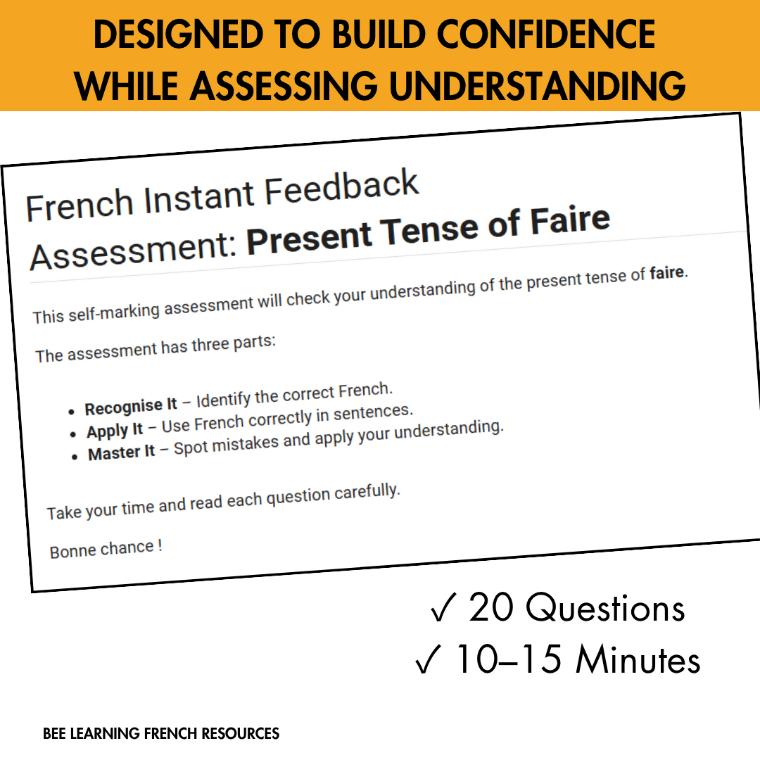 French Faire Present Tense Assessment | Self-Checking Grammar Quiz | Year 7–9