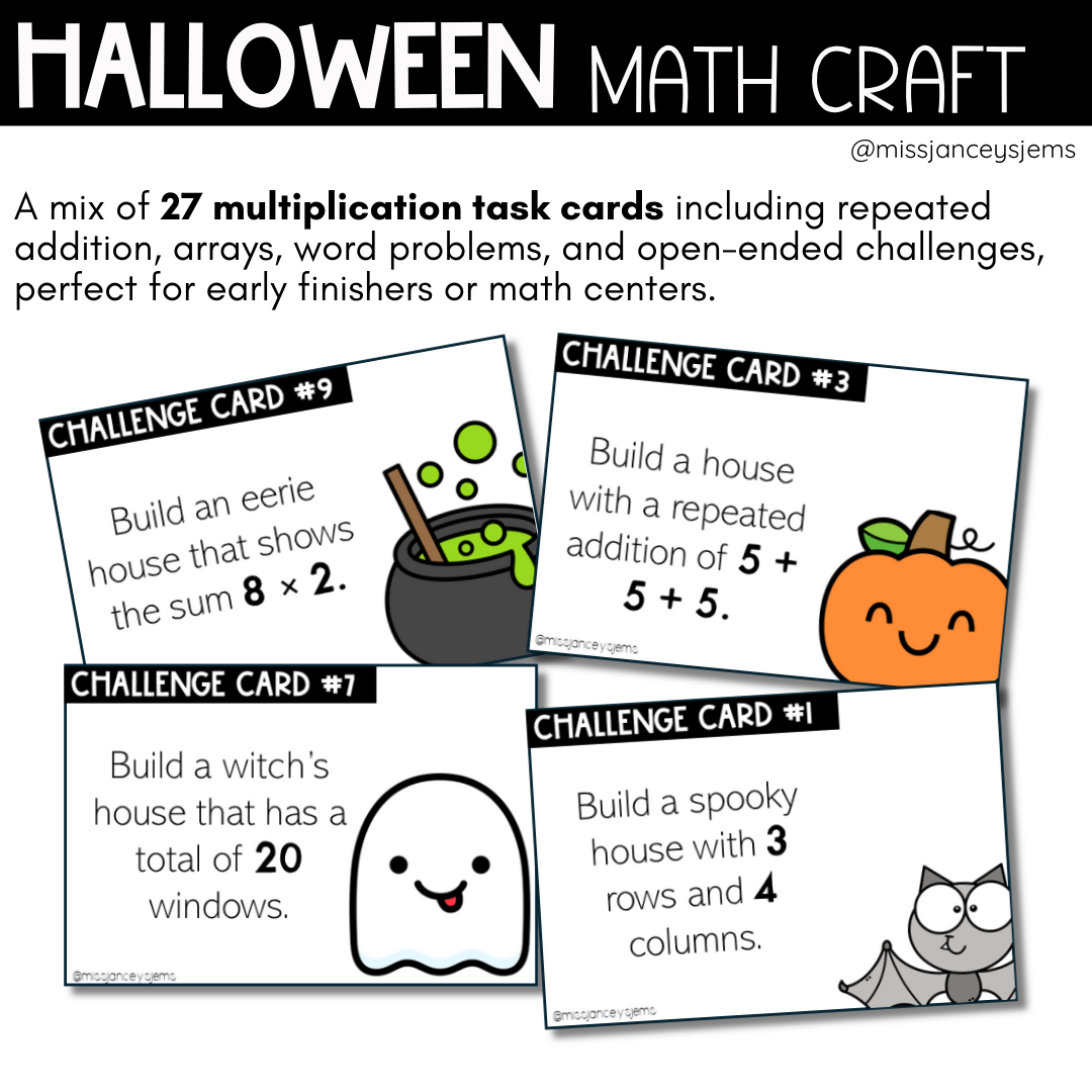 Halloween Maths Craft & Multiplication Activities | Arrays, Repeated Addition, Multiplication Task Cards, October Craft & Classroom Bulletin Board Display