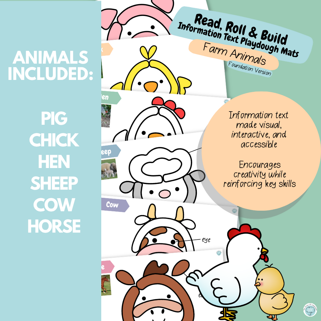 Read, Roll & Build | Foundation Information Text Playdough Mats | Farm Animals