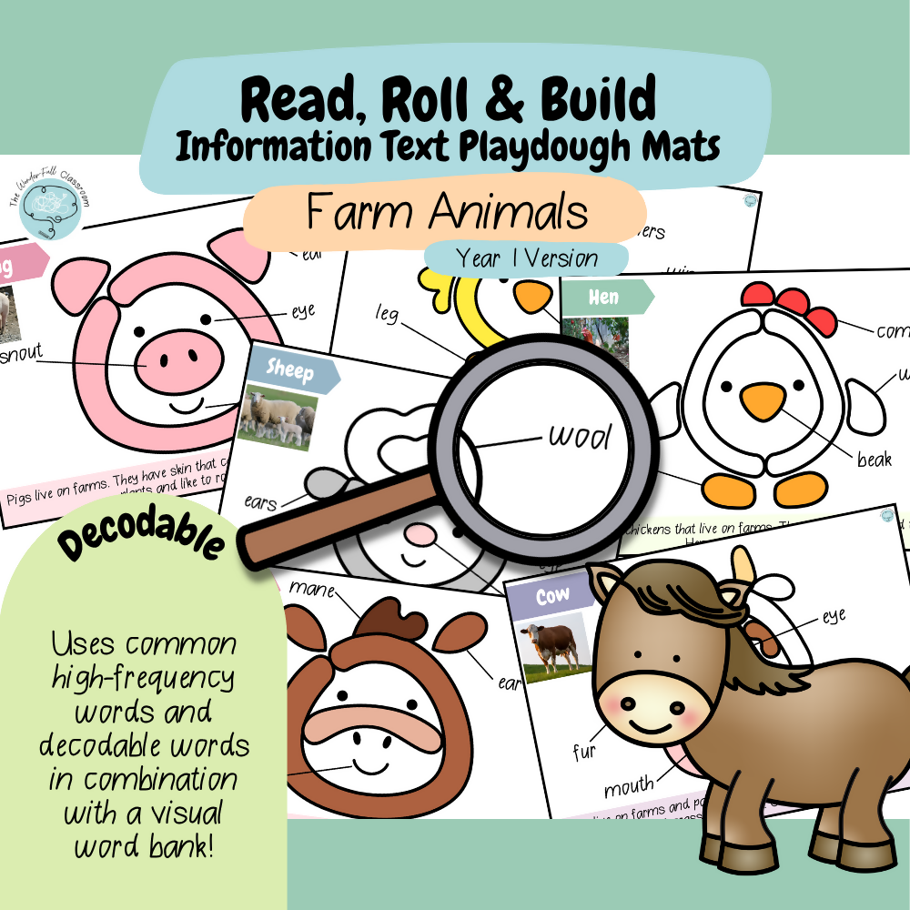Read, Roll & Build | Year 1 Information Text Playdough Mats | Farm Animals