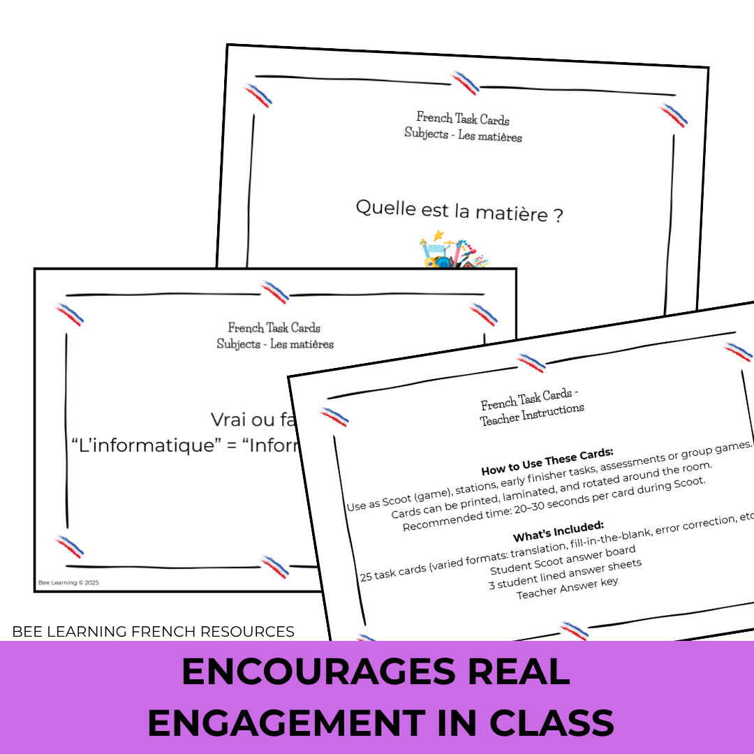 French School Subjects Vocabulary Activities | Task Cards & Practice