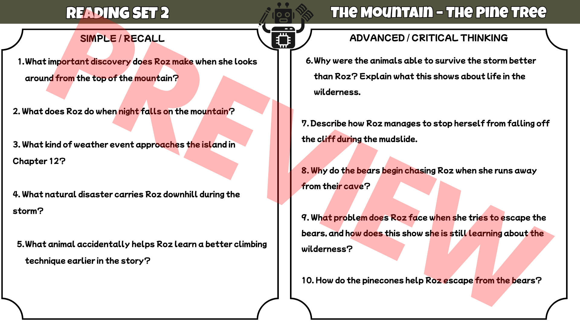 The Wild Robot Reading Comprehension Questions & Answers | 10 Reading Sets | Printable Worksheets PDF | Grades 3–6