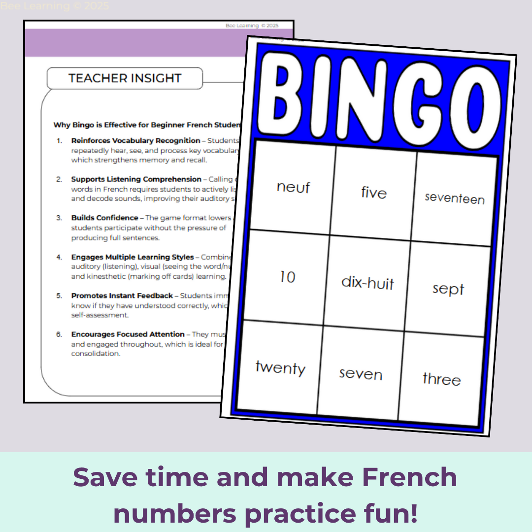 French Numbers 0–20 Bingo Game | Les Nombres | Year 7–8