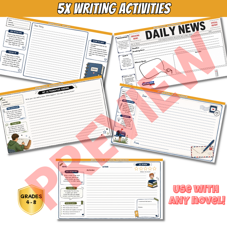 Any Book Novel Study Activities | Reading, Writing, Character & Vocabulary Activities | Years 4–8 | PDF