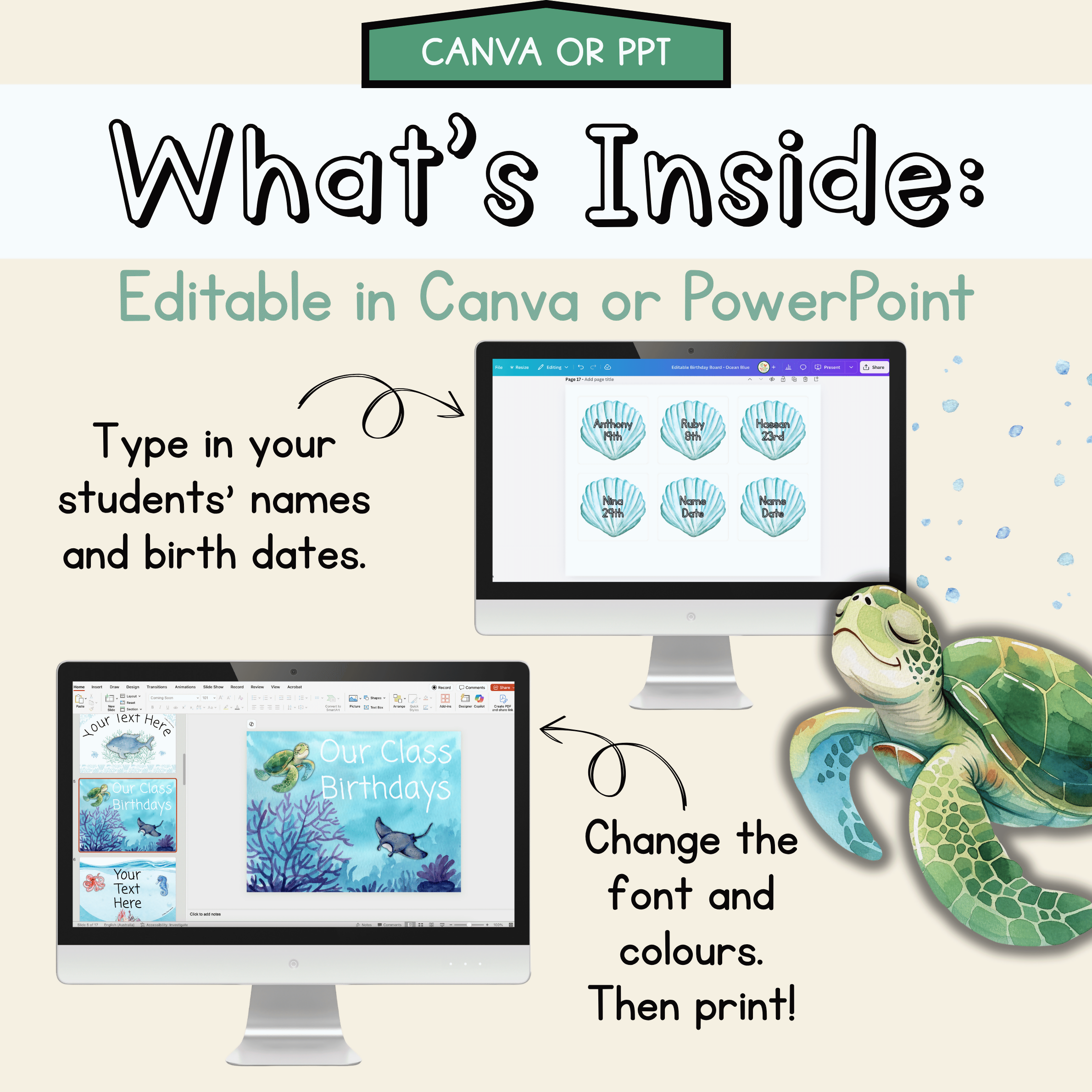 Ocean Blue Birthday Board | Editable Lettering Pack Decor Sea Creatures