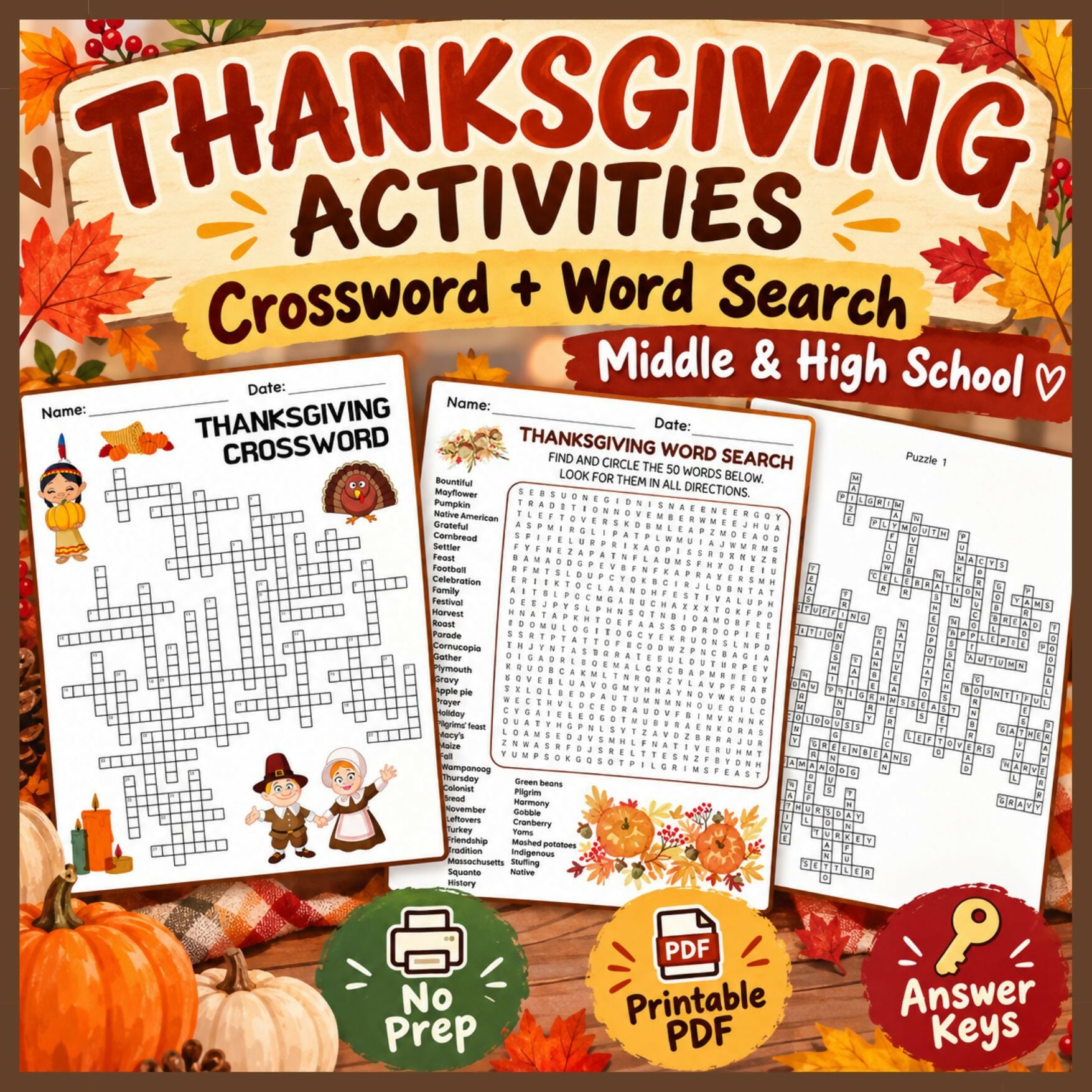 Thanksgiving Crossword & Word Search Activities | Vocabulary Puzzles with Answer Keys | Middle & High School