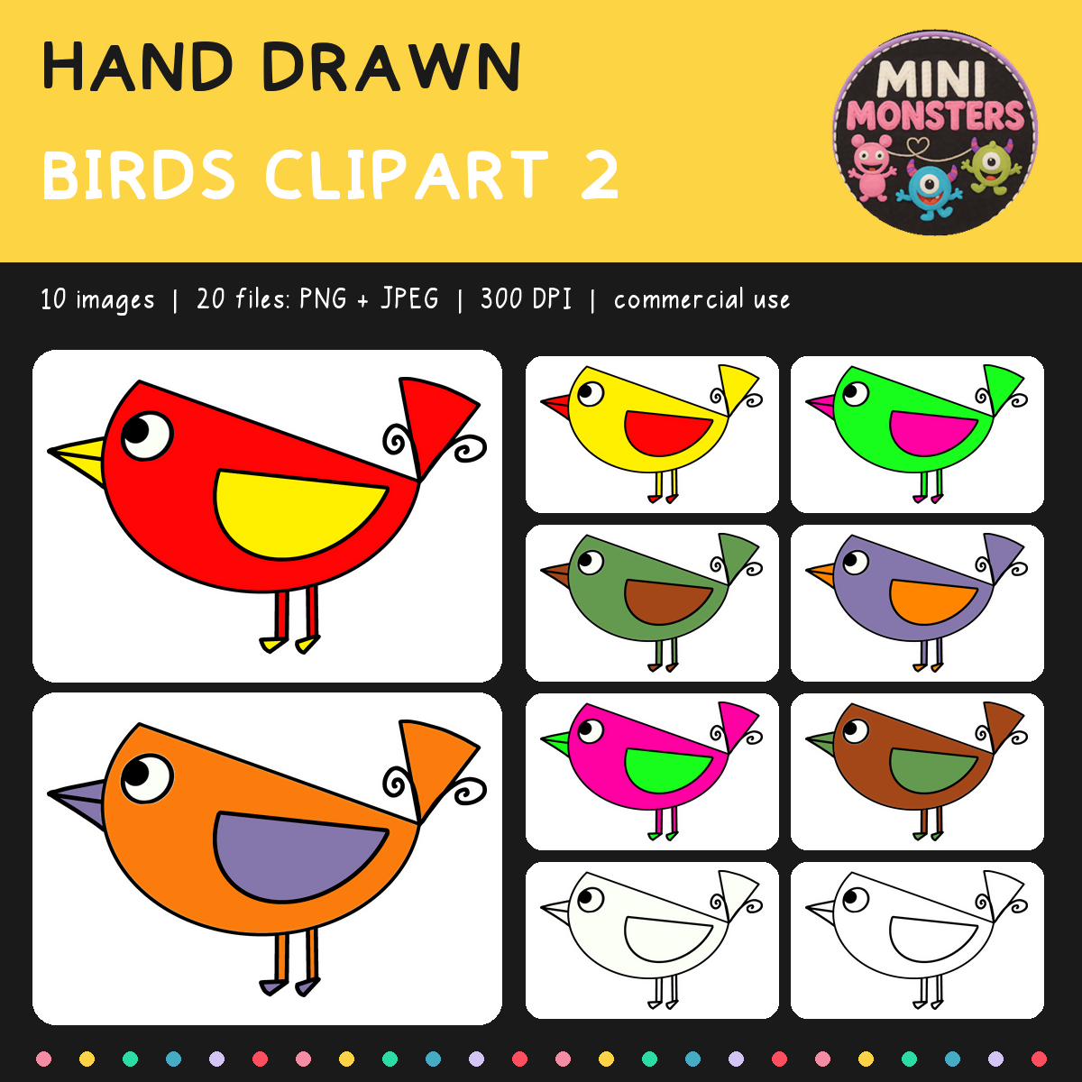 Birds Clipart Set 2 | 10 Hand Drawn Images | Transparent PNG and JPEG | Commercial Use