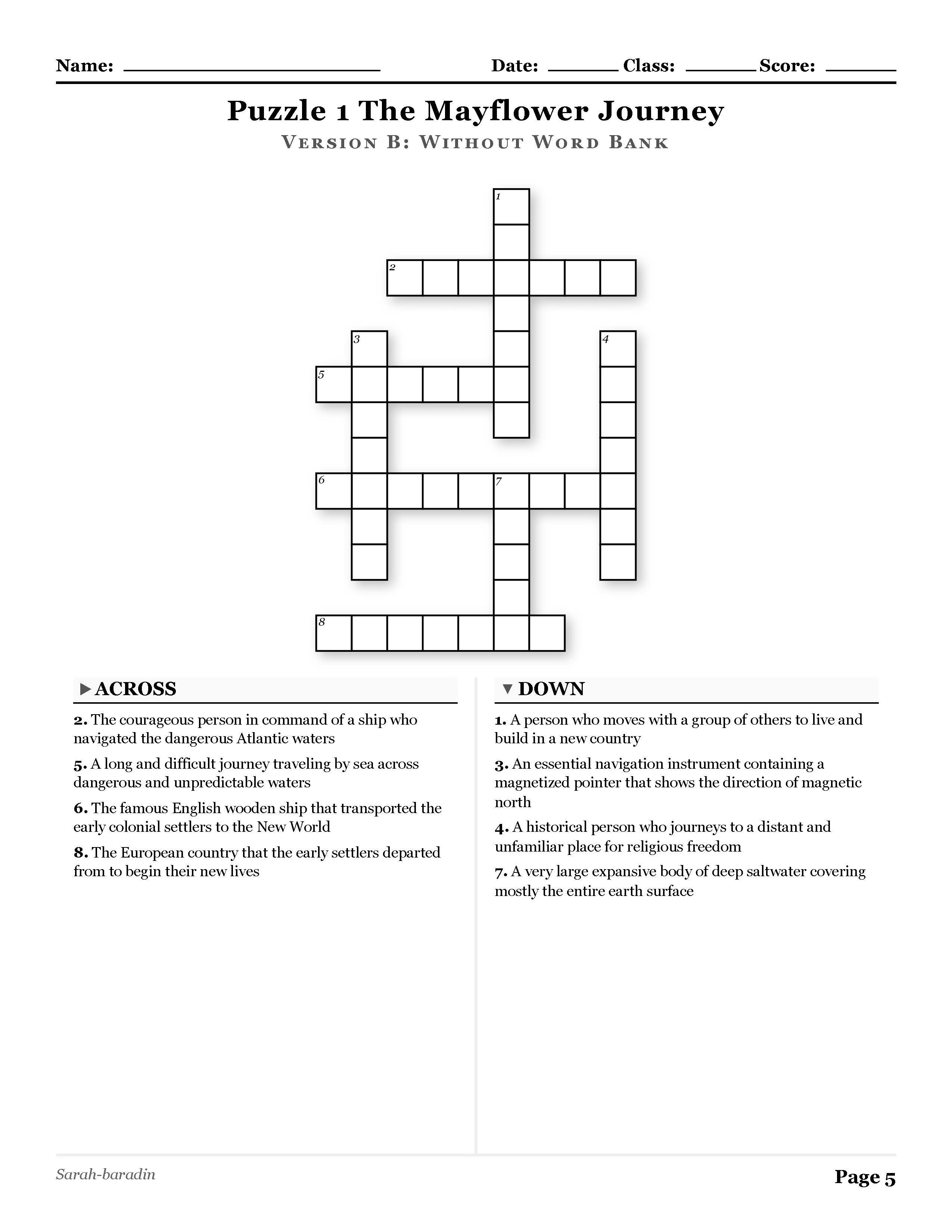 The First Thanksgiving History Crosswords with Word Bank