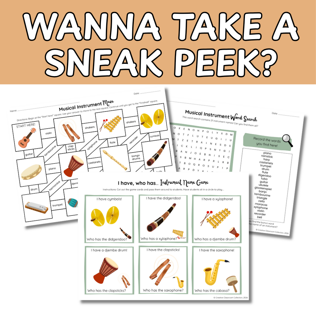 Musical Instruments Activity Bundle | I Have, Who Has? Game, Maze & Word Search