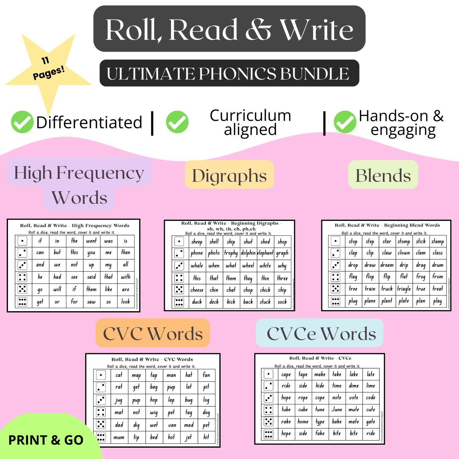 Roll, Read & Write - Ultimate Phonics Bundle | Literacy Based Game| Printable | Worksheets