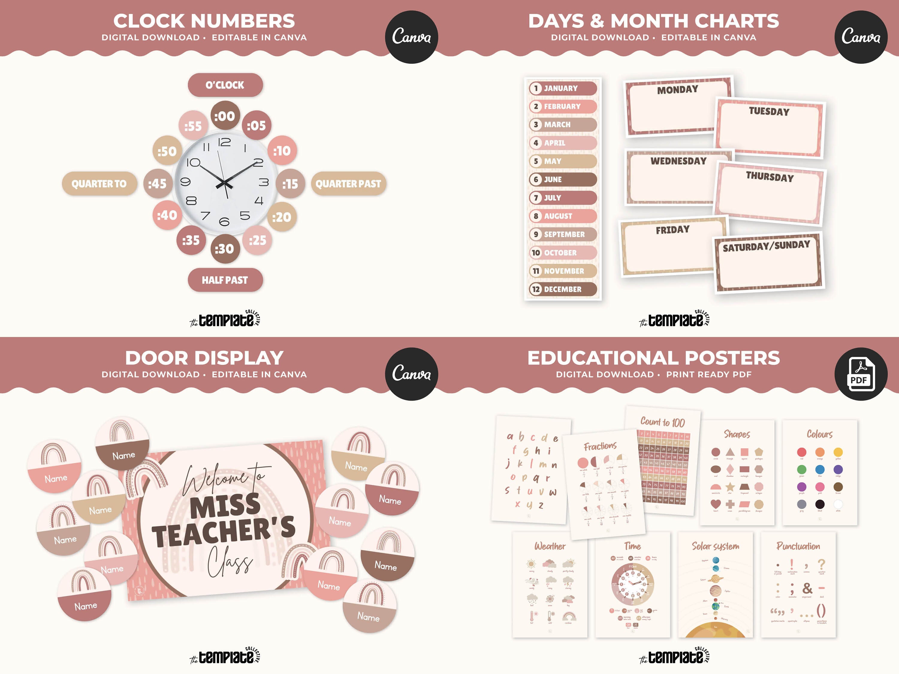 Just Rosy Classroom Decor Bundle • Neutral Boho Rainbow Theme • Bulletin Board Decor • Teacher Resources • Editable & Printable