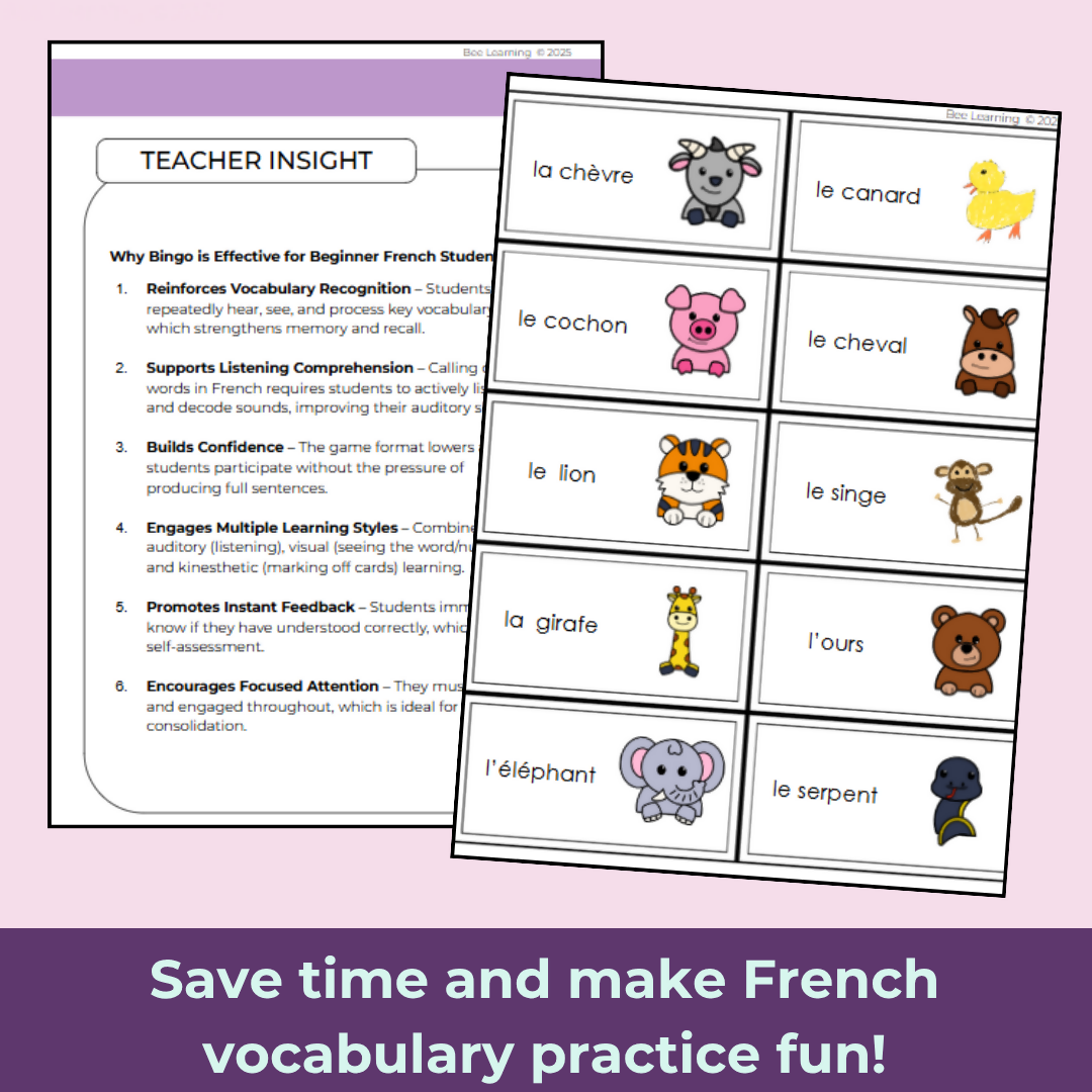 French Les Animaux Jeux Bingo | Animal Vocabulary Game | Year 7–8