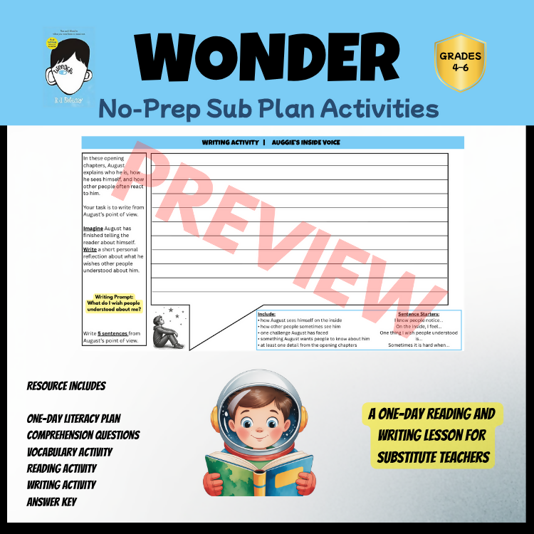 Wonder No-Prep Sub Plan | Novel Study Literacy Lesson | Years 4–6 PDF