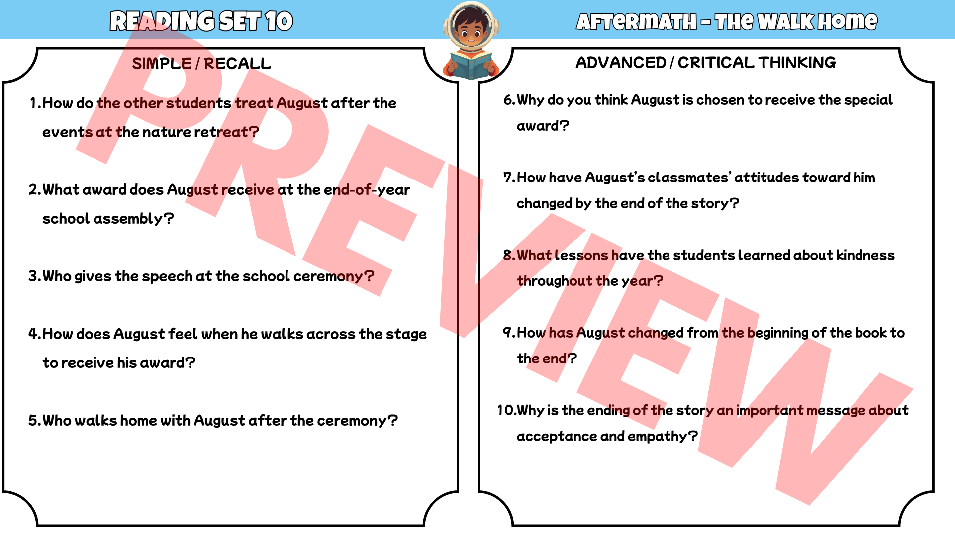 Wonder Reading Comprehension Questions & Answers | Printable Worksheets PDF | 10 Reading Sets | Grades 3–6