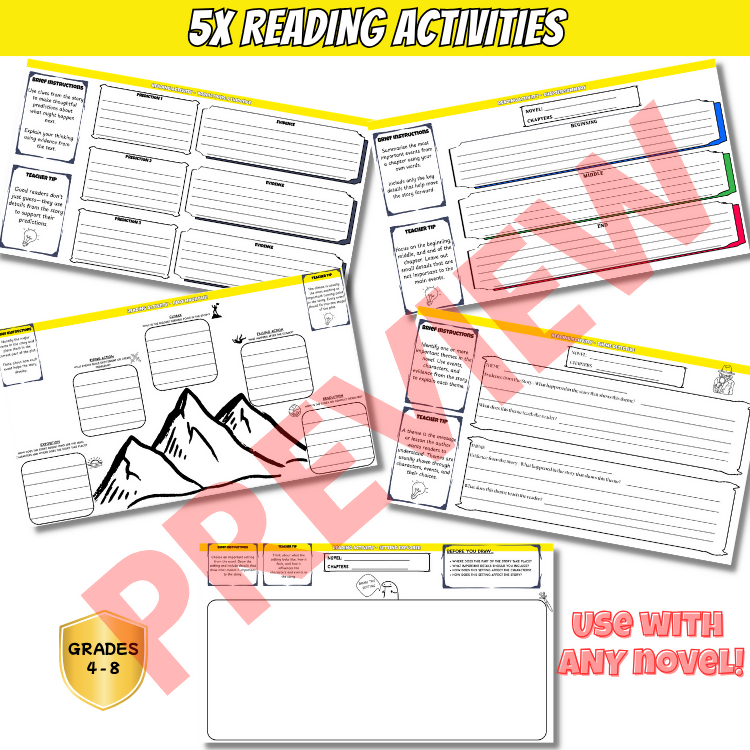Any Book Novel Study Activities | Reading, Writing, Character & Vocabulary Activities | Years 4–8 | PDF