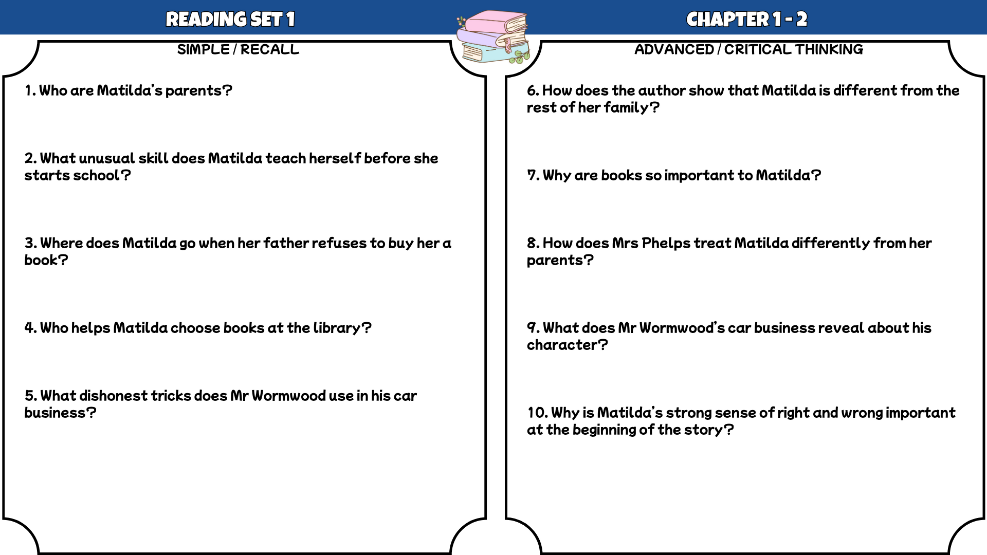 Matilda Novel Study Reading Comprehension PDF | 100 Questions + Answer Key | Year 4–7