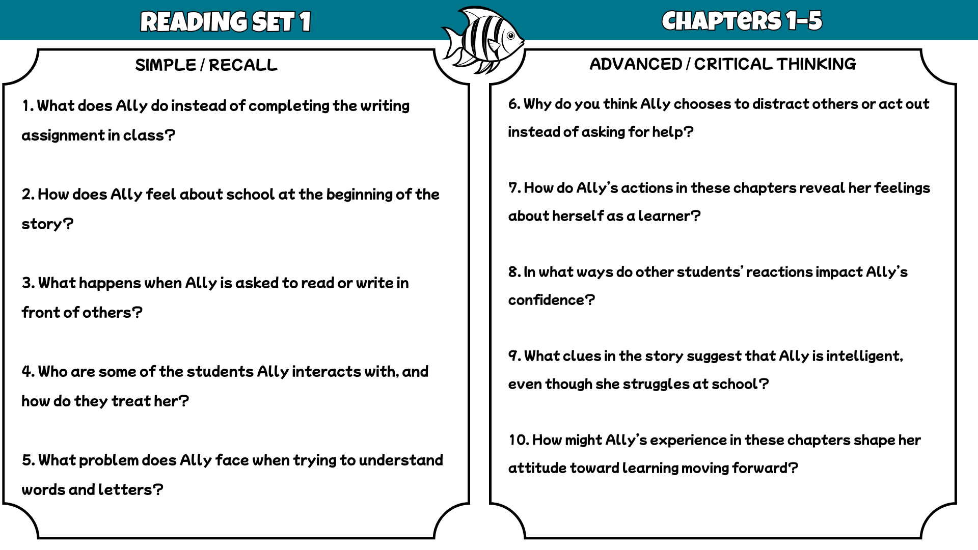 Fish in a Tree Comprehension Questions and Answer Key PDF | Lynda Mullaly Hunt Novel Worksheets for Grades 4–6