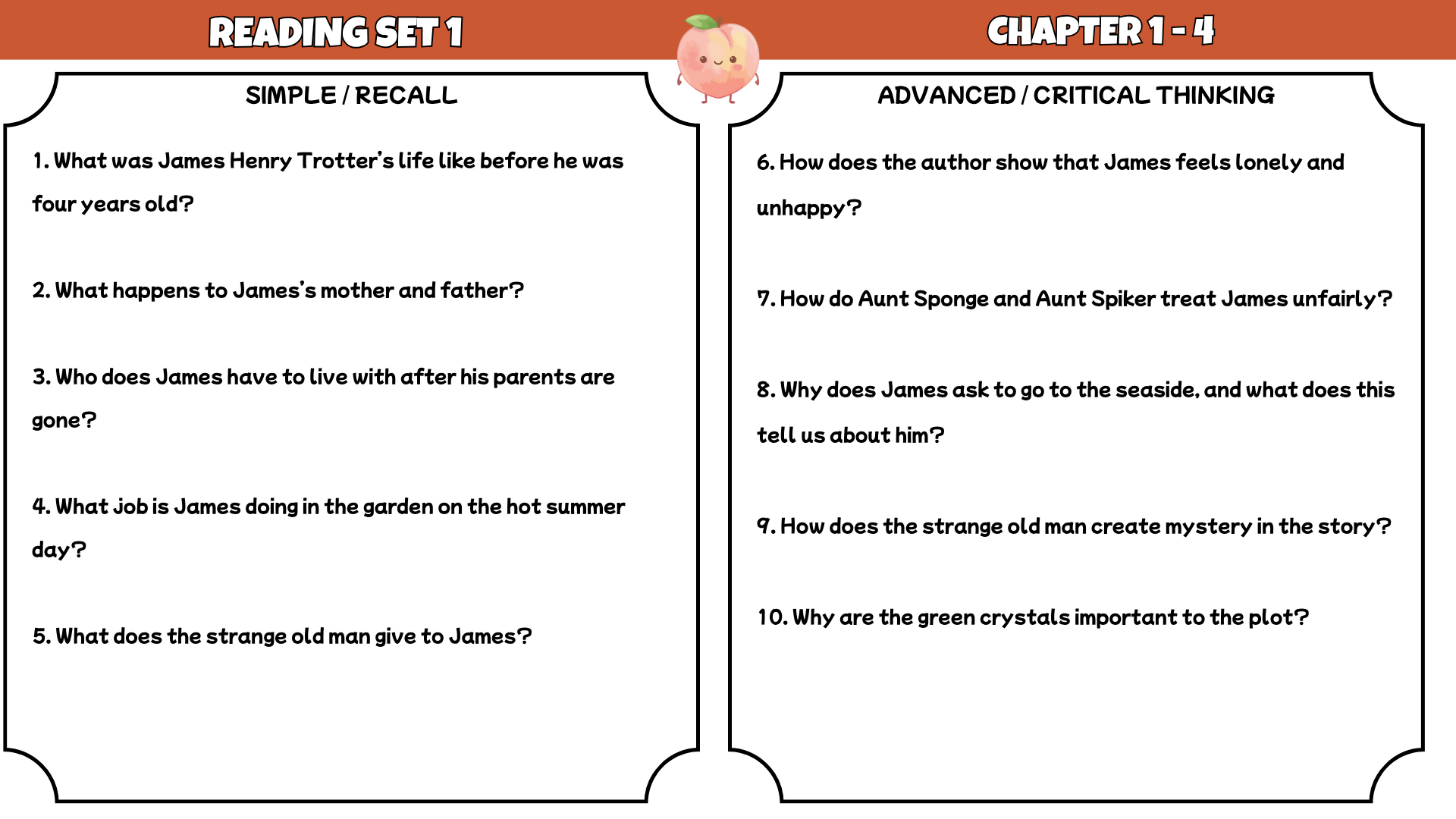 James and the Giant Peach Reading Comprehension Worksheets | 100 Questions + Answers | Years 3–5