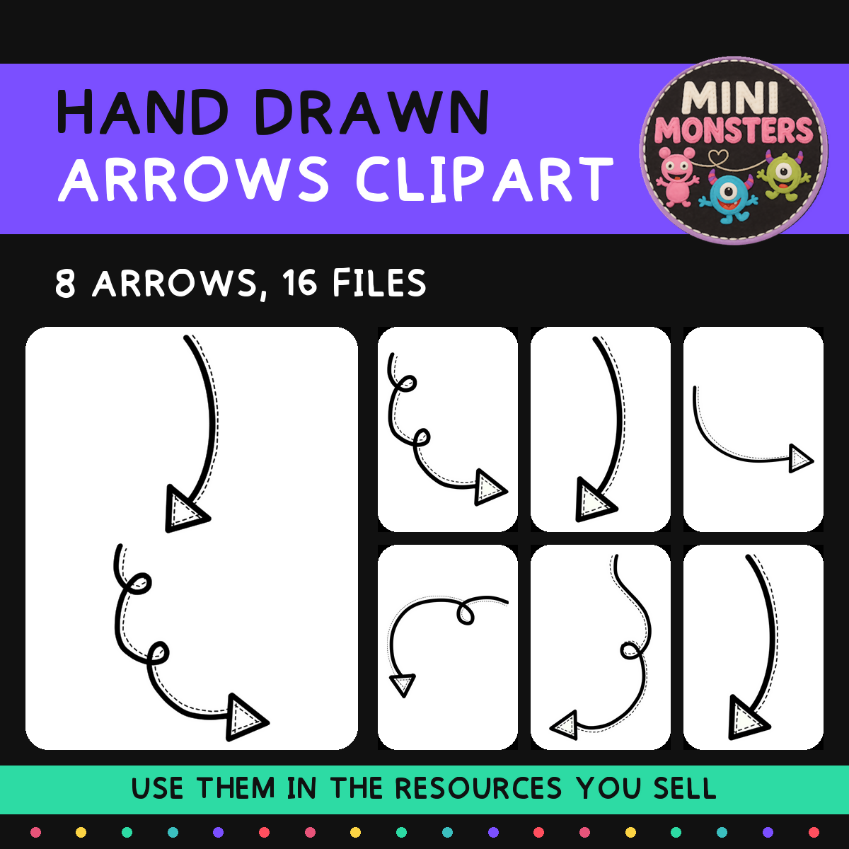 Arrows Clipart Set 1 | 8 Hand Drawn Images | Transparent PNG + JPEG | Commercial Use