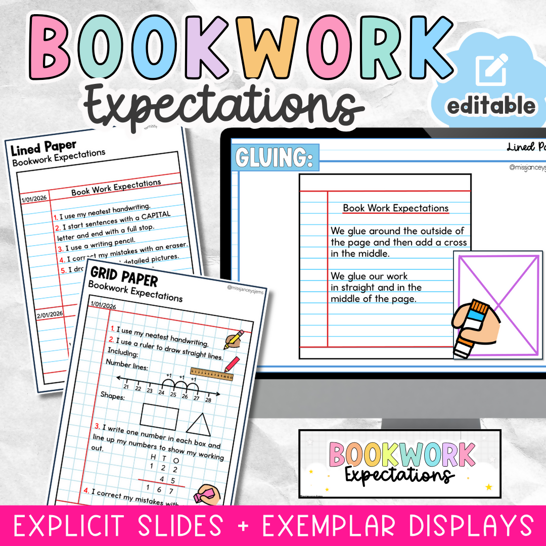 Bookwork and Book Expectations I Explicit Slides and Display Posters I Editable