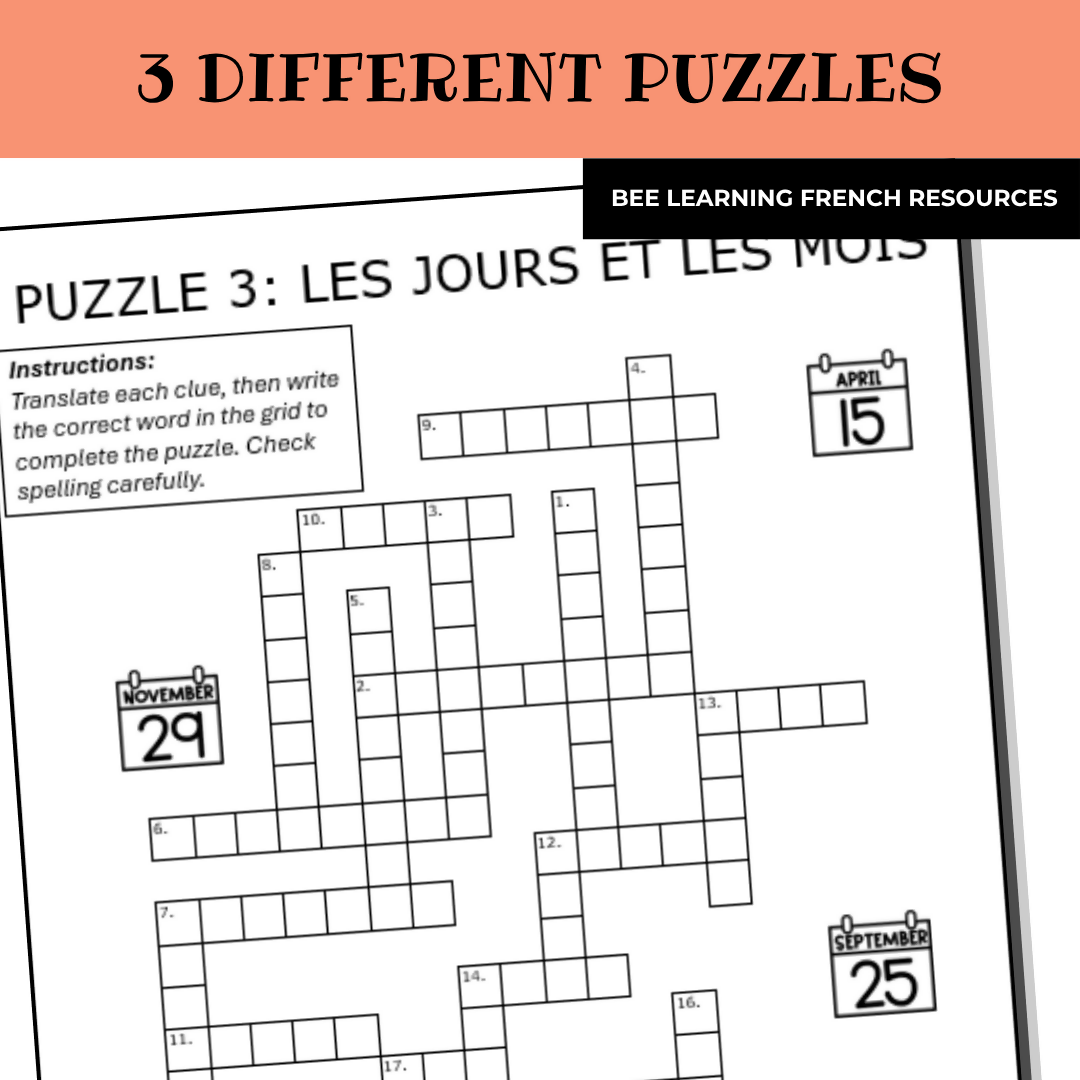 French Days & Months Vocabulary Activities | Les Jours et Les Mois Criss Cross Puzzles | Year 7–8