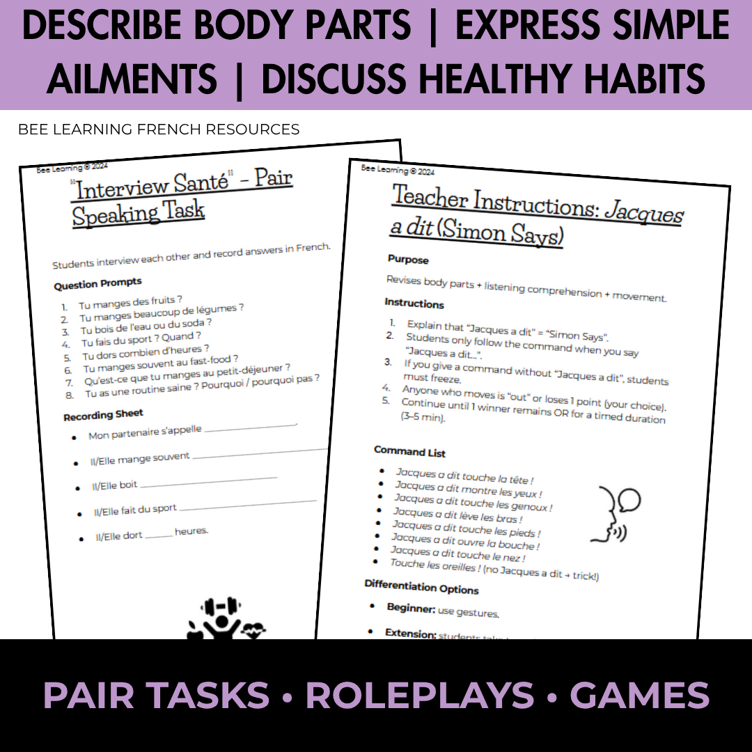French Body Parts & Healthy Habits Activities | Beginner French Unit | Year 7–8