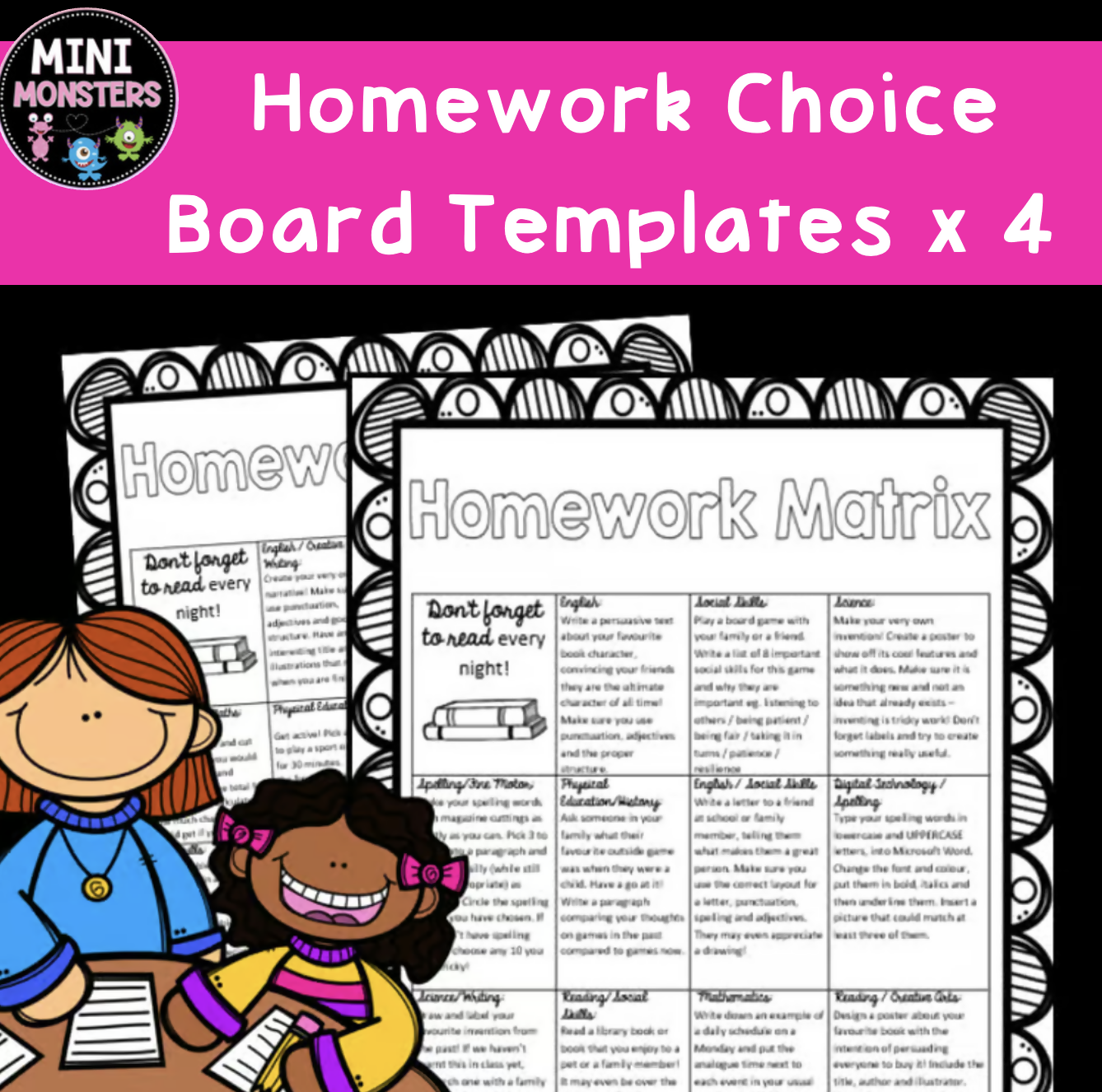 Homework Matrix Choice Board | Full Year, Year 1 and 2 | Printable Worksheets